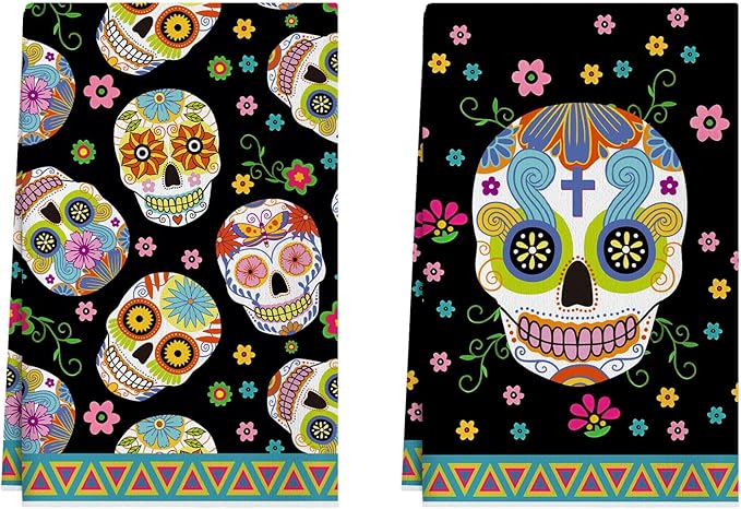 XCHI Sugar Skull Colorful Flowers Dia De Los Muertos Day of The Dead Mexican Kitchen Towels Dish Towels 18x26 Inch Home Kitchen Decorations Hand Towels Set of 2 Drying Dishcloth
