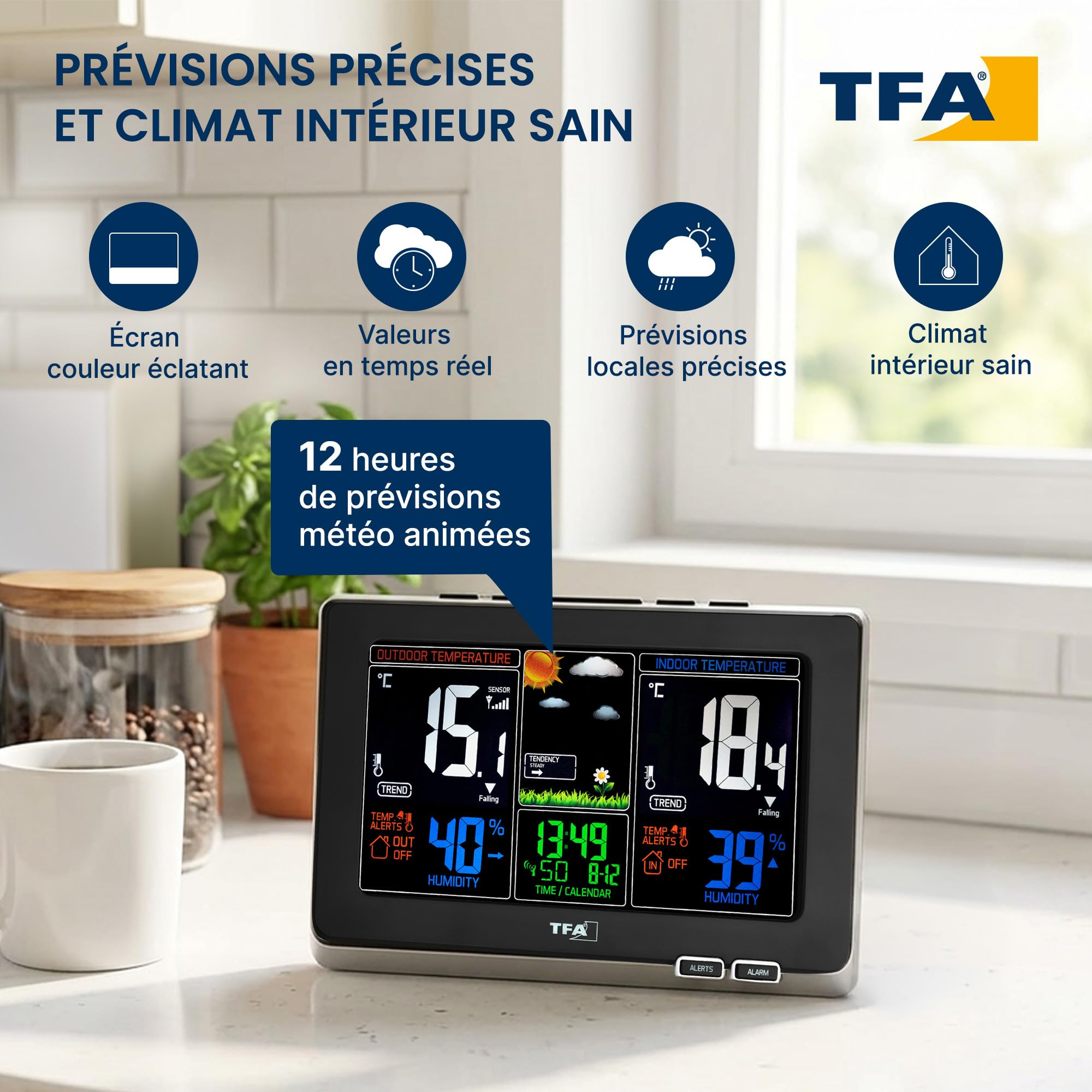 TFA Dostmann Station météo numérique sans fil Spring, 35.1129, avec capteur extérieur, prévisions météo animées, thermomètre et hygromètre, écran couleur, 2 niveaux de luminosité, noir