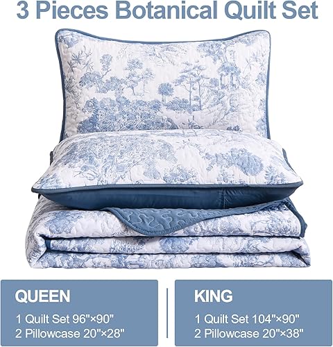 Miniatura 4 de WONGS BEDDING Juego de edredón azul tamaño Queen, juego de colcha botánica de 3 piezas de microfibra ligera con patrón de plantas azules, decoración