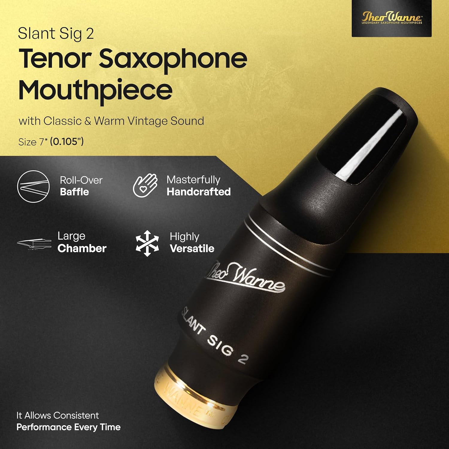 Theo Wanne Slant Sig 2 Tenor Saxophone Mouthpiece with Ultimate Vintage Style Hard Rubber, Large Chamber & Roll Over Baffle for Expressive Projection, Classic & Warm Vintage Sound - Size 7* (.105")