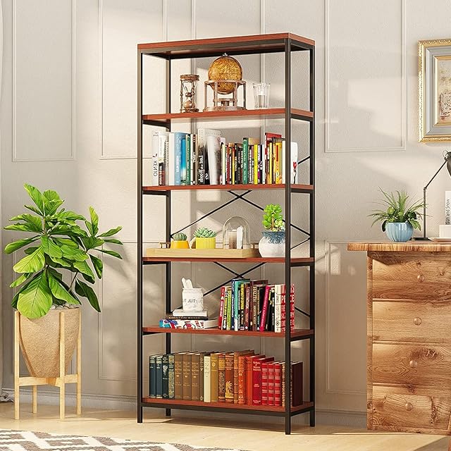 COOCHEER Industrial 5 Shelf Bookcase Metal and Wooden Bookshelves Rustic Shelves Sturdy Book Stand Shelving Units Decor Display Cabinet Tall Bookshelf for Home Office
