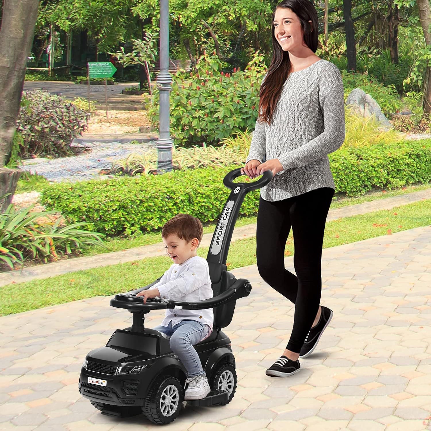 HONEY JOY Ride On Push Car, Foot to Floor Ride On Sliding Car Push Handle & Detachable Guardrail, Sound & Lights, Under Seat Storage, Push Cars for Toddlers 1-3, Gift for Kids Boys Girls(Black)