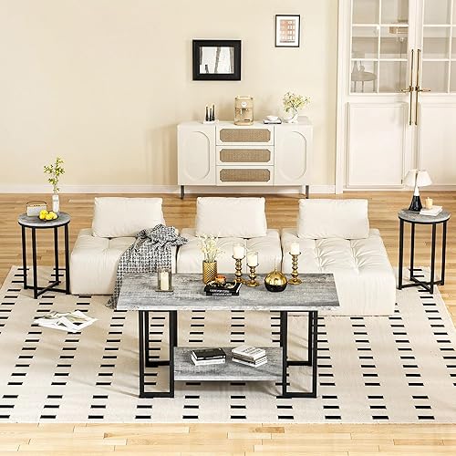 Miniatura 6 de Lamerge Juego de mesa de sala de estar, mesa auxiliar de mármol sintético con 2 mesas auxiliares redondas, juego de mesa auxiliar con marco de metal