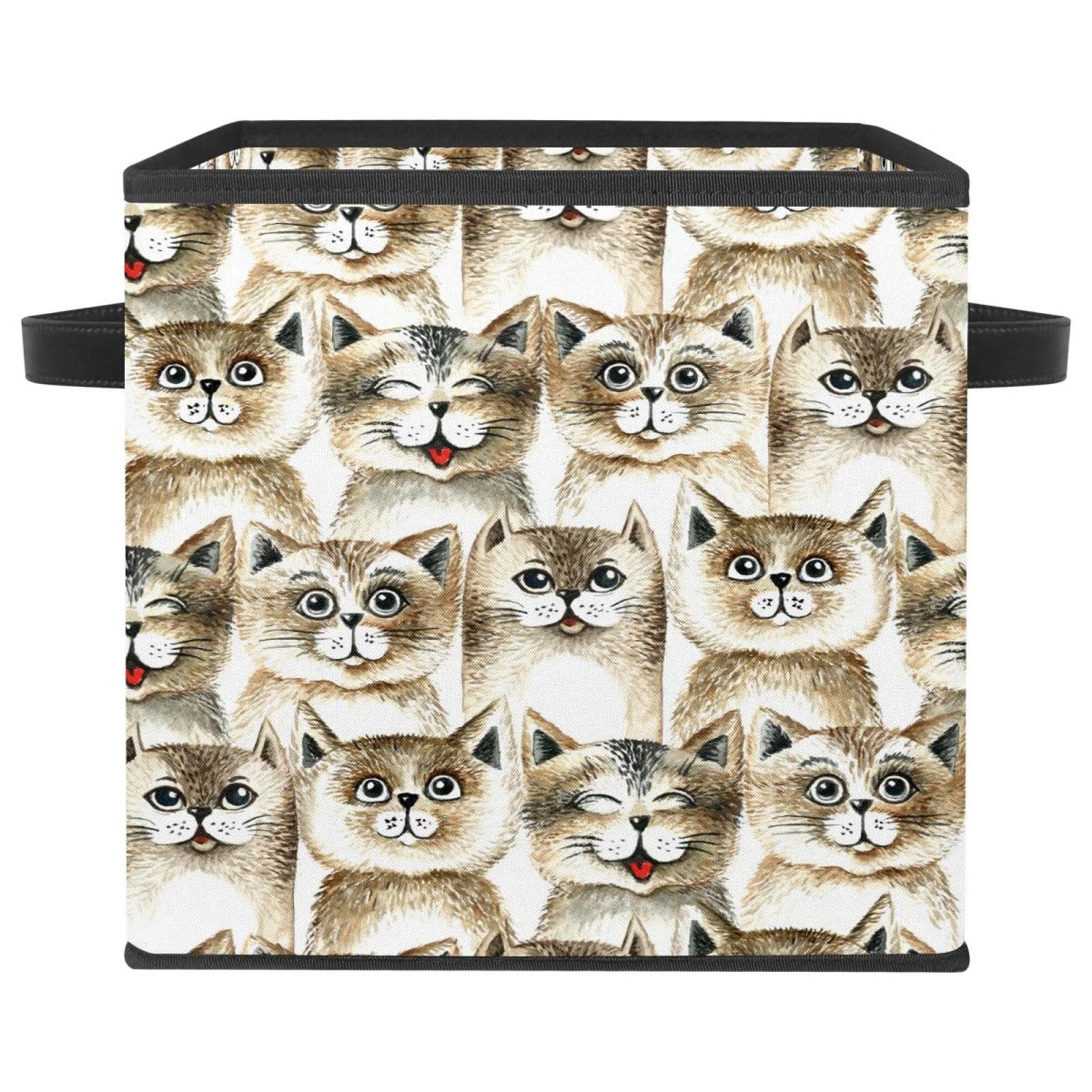 Panier de rangement pliable à motif chat rétro bac cubique en tissu marron avec poignées