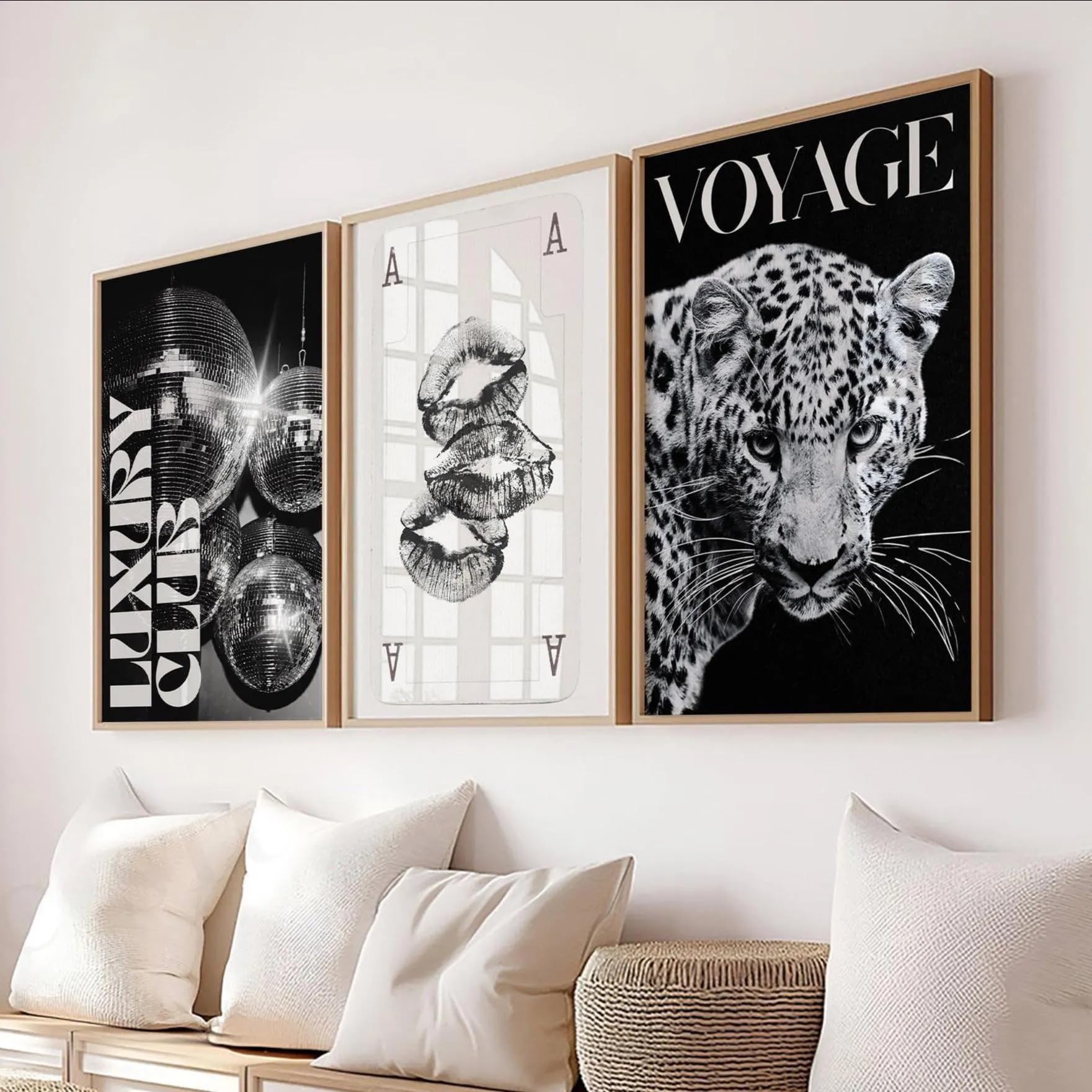 ZBELLO Set of 3 Posters, Black and White Leopard-Print Lip Print Wall Art, Modern Cheetah Disco Ball Images, for Living Room and Bedroom Bathroom or Office Wall Decoration, Unframed (50x70cm)