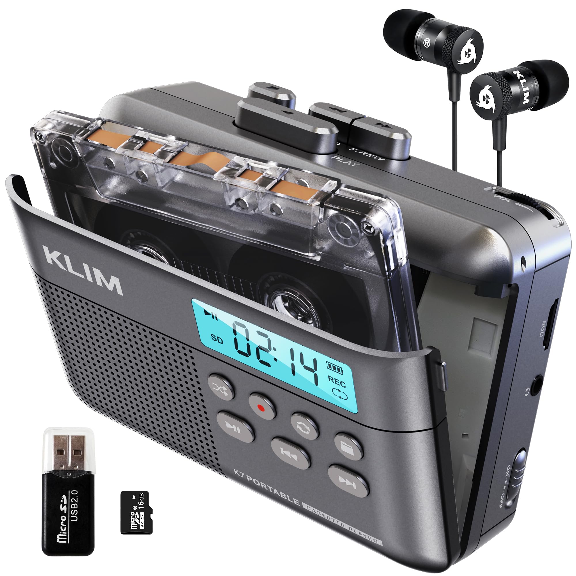 KLIM K7 Reproductor Cassette - Conversor de Cassette a MP3 - Player Portátil con Micrófono y Altavoz Integrados - Batería Recargable - Auriculares - Tarjeta SD 16 GB - Ceniza