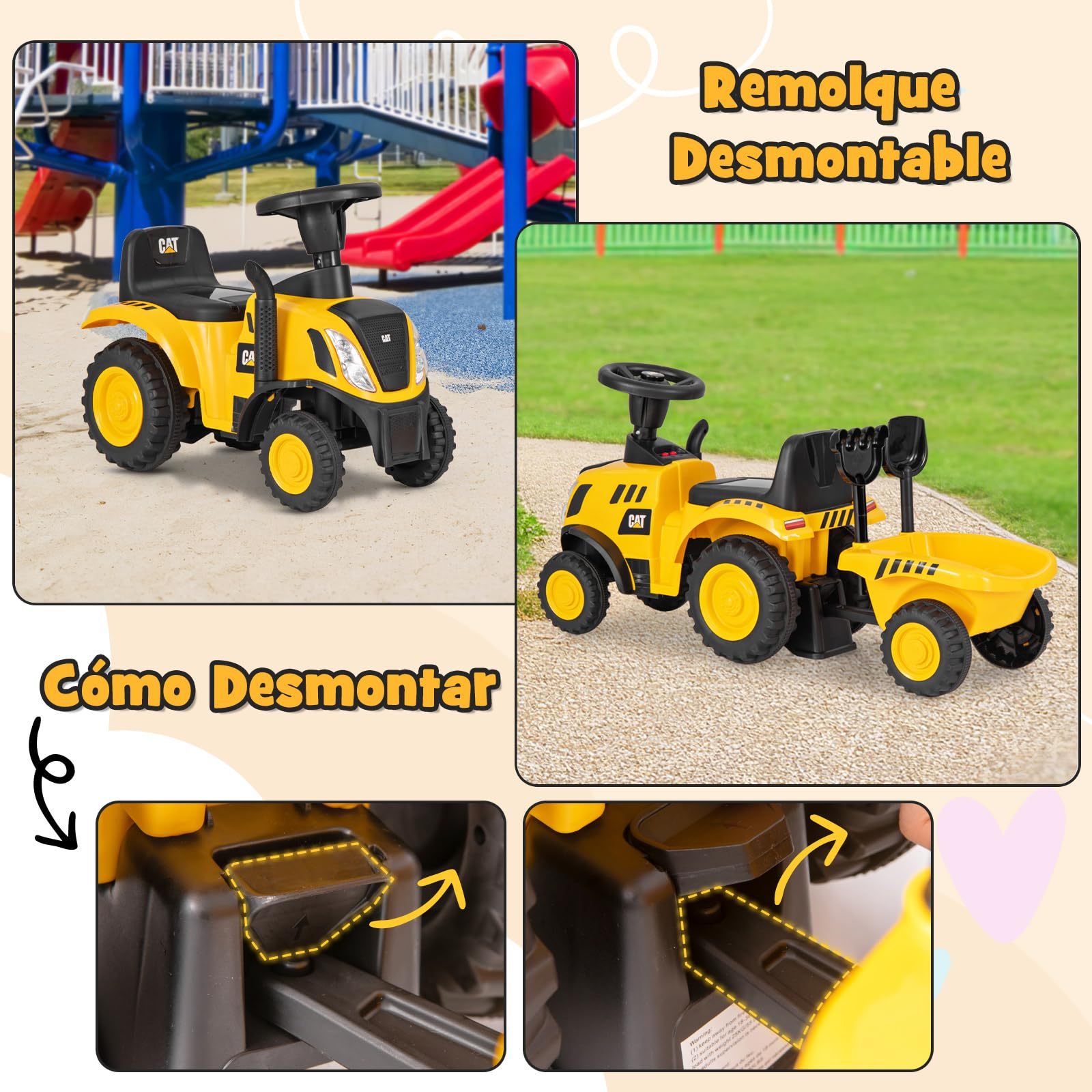 COSTWAY Tractor Juguete Caterpillar con Remolque Desmontable, Pala, Rastrillo, Bocina, Sonido del Motor, Luces LED y 6 Ruedas, Tractor para Niños de 18-36 Meses
