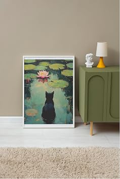 Zestia Beyaz Çerçeveli Tablo, Nilüfer Yaprağında Oturan Kedi, Yansımalı Su Poster No: 107358 30 x 40