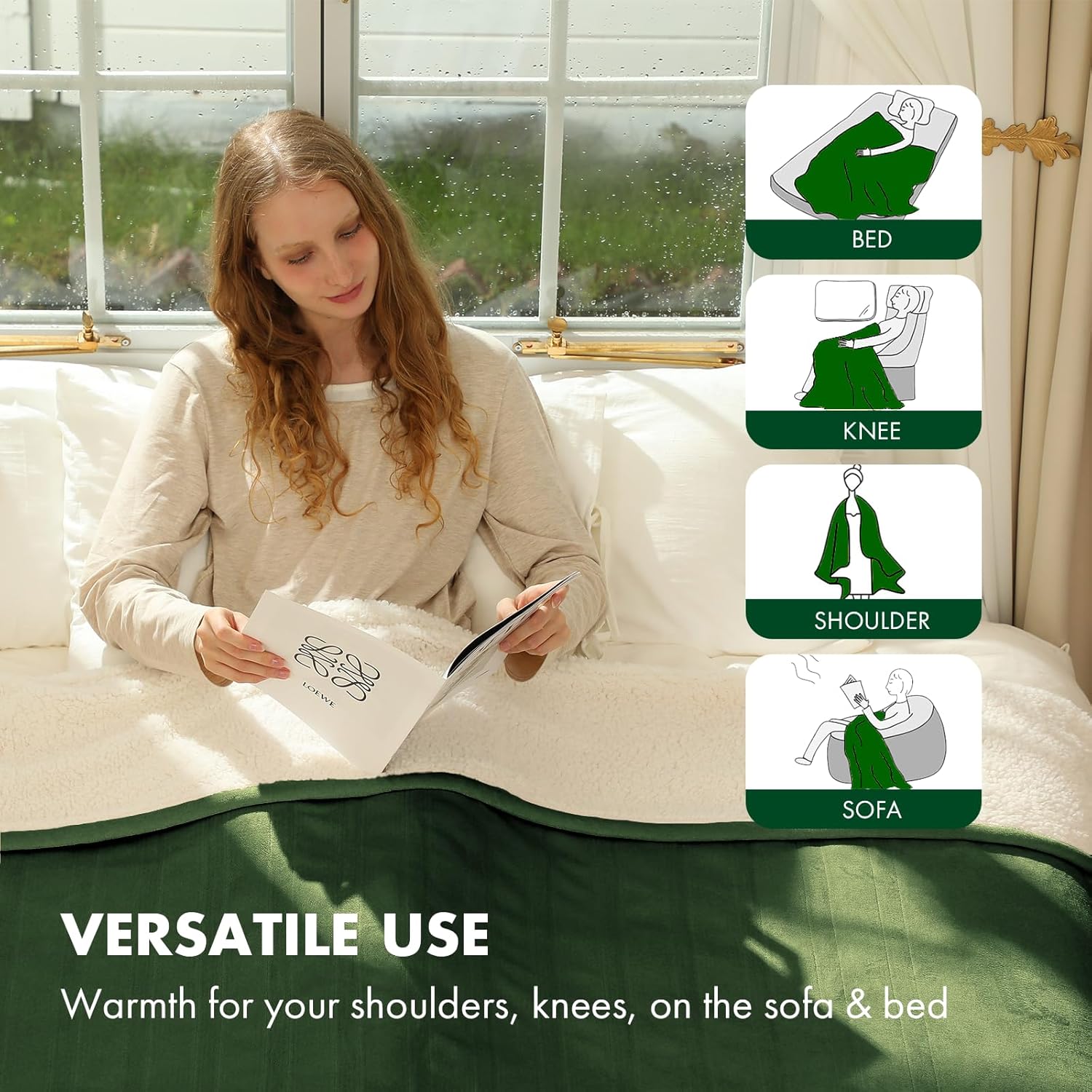 Electric Throw Blanket 50" x 60" - Soft Flannel Sherpa Heated Lap Blanket with 5 Heating Levels & 4 Hours Auto Off, Electric Throw Blanket as a Gift for Grandma, Machine Washable (Green) - Image 6