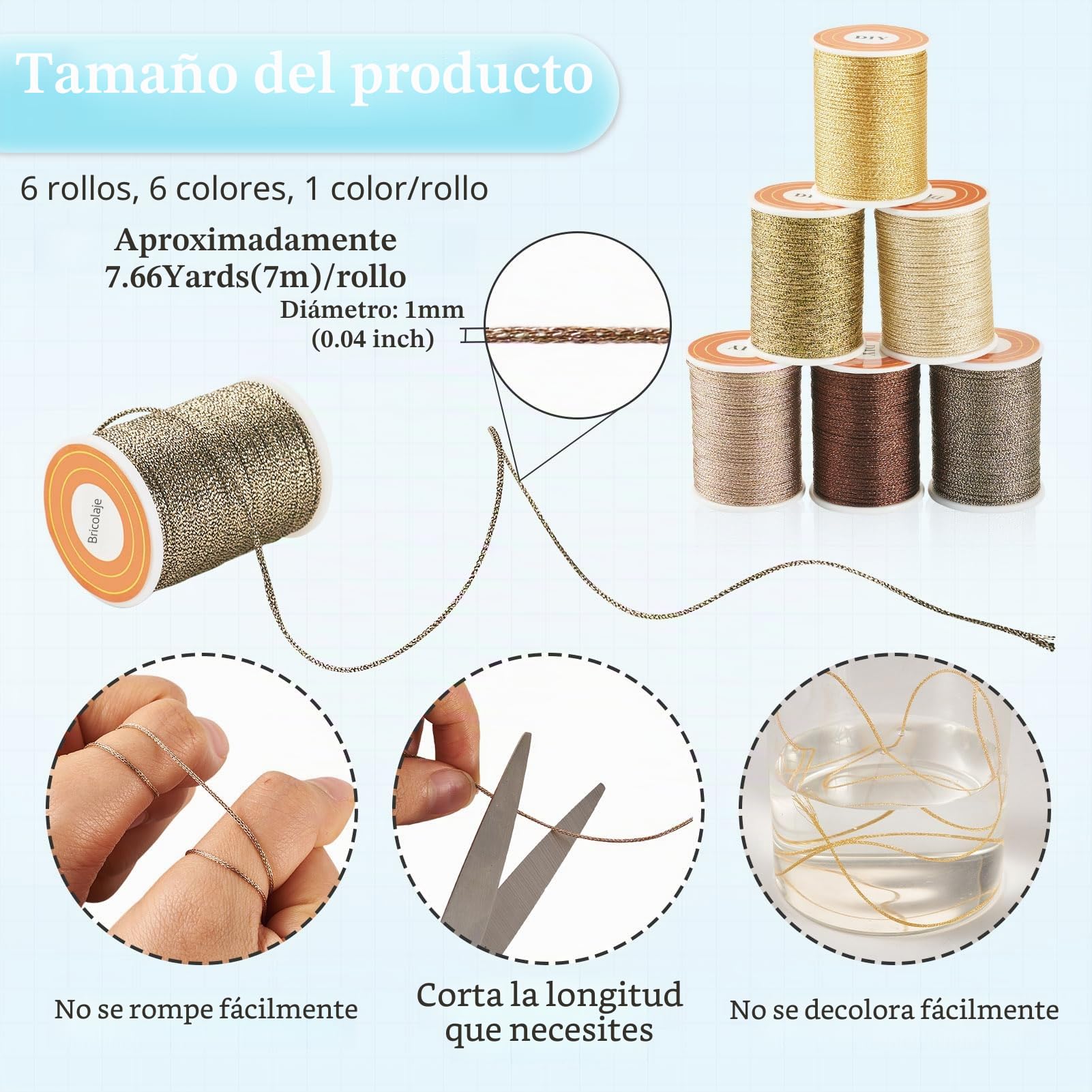 Hilo metálico de poliéster de 42 m, 6 colores, 1 mm, con purpurina, para joyería, trenzado, para manualidades, bordado, fabricación de pulseras de la amistad