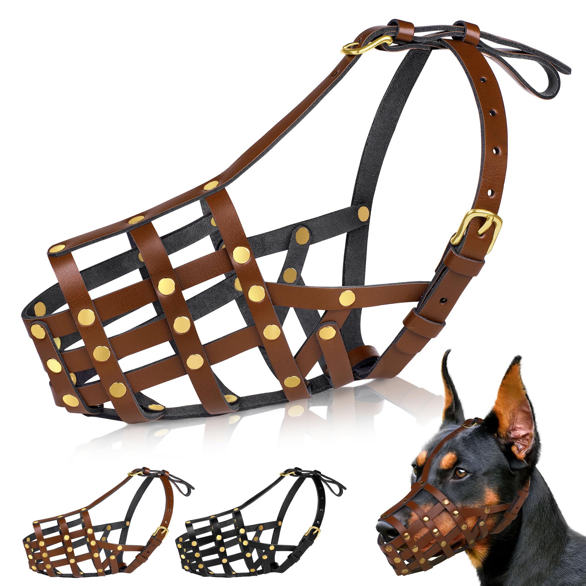 OOPSDOGGY Doberman - Bozal para perros grandes, bozal de cuero transpirable seguro para razas grandes, pastor alemán husky, evita mordeduras, no mastica, ajustable (negro)