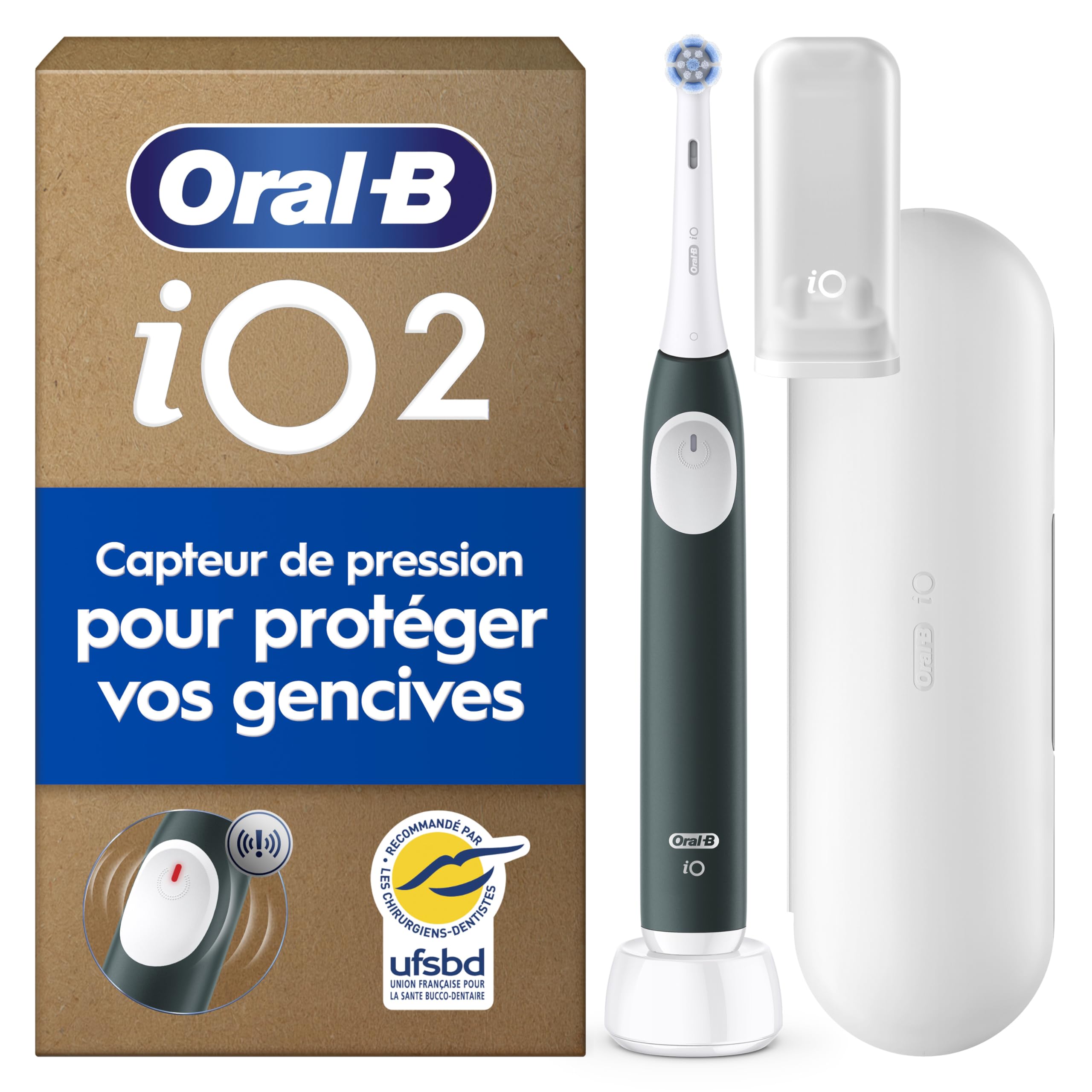 Oral-B Brosse à Dents Electrique iO 2 avec 1 Brossette de Rechange, Vert Forêt – 3 Modes de Brossage dont Douceur, Capteur de Pression sur les Gencives, Batterie Rechargeable, Silencieuse, avec Etui