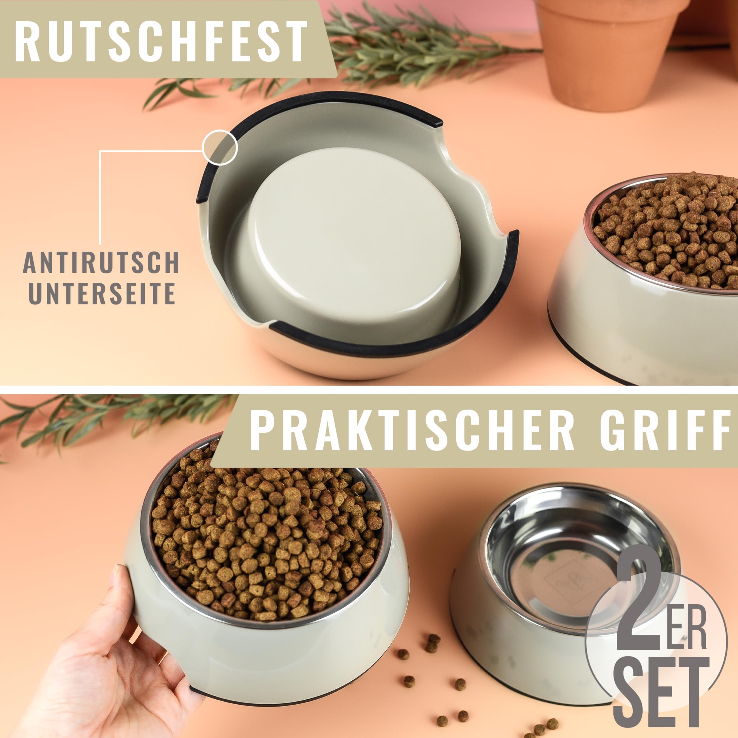 ne&no® Set of 2 pet bowls for dogs 700ml, hygienic and removable cups made of stainless steel with anti-slip bottom - Image 2