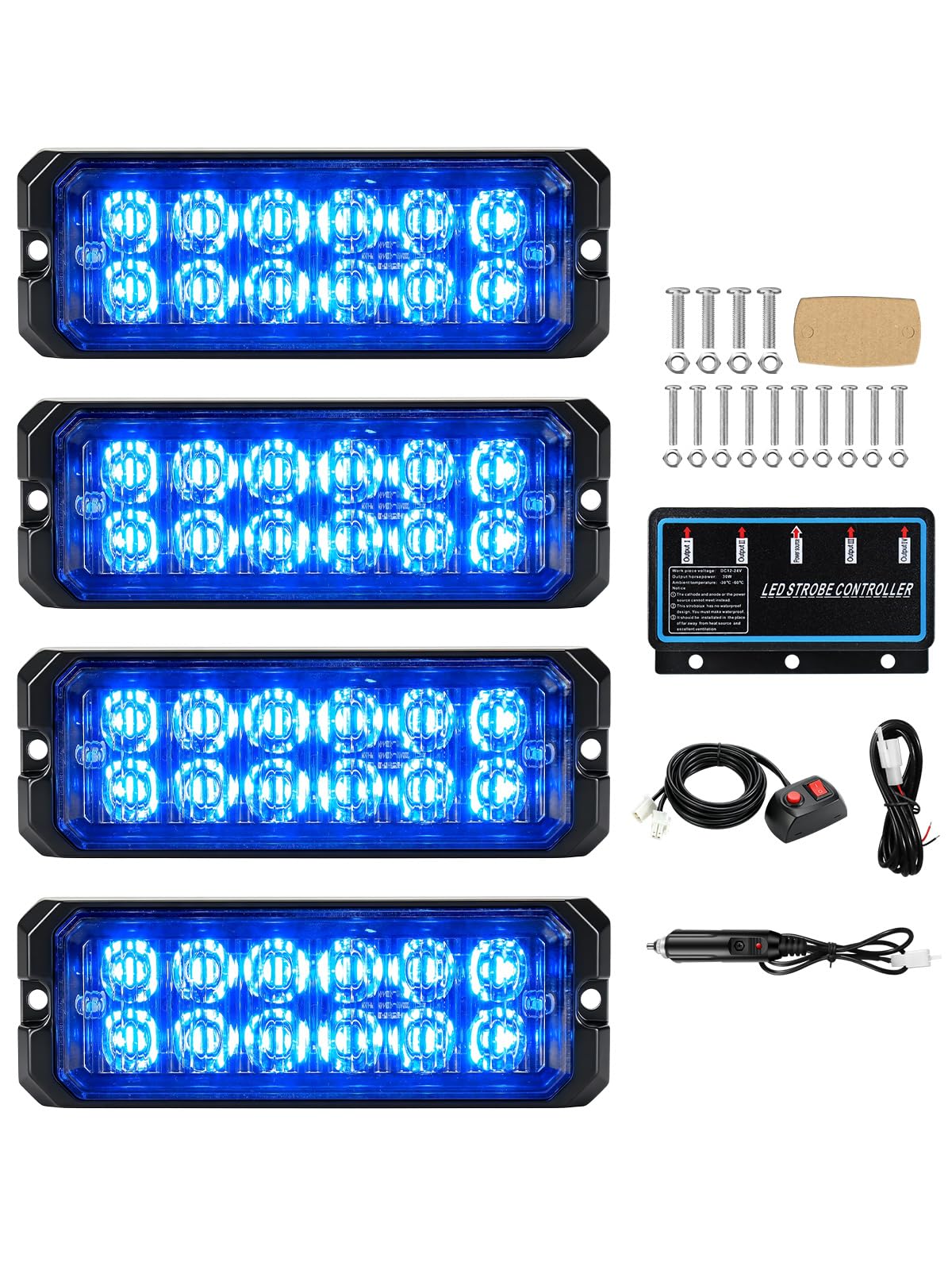 Dinfu 4 x 12 LED feux d'avertissement avant clignotants bleu, feux clignotants 12 V/24 V, 40 W feux clignotants avec 12 modes stroboscopiques rampe lumineuse pour voiture, camion, tracteur, véhicule