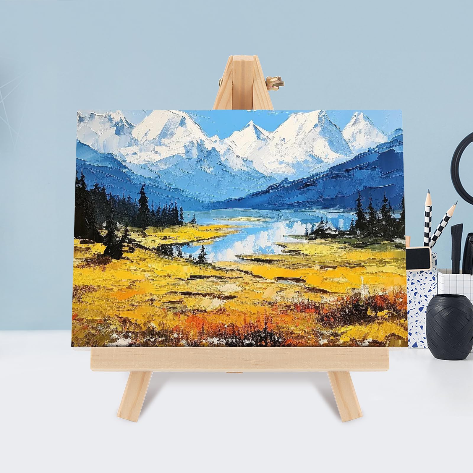 8 Sets Mini-Leinwand und Staffelei, 15 x 20 cm, kleine Kunstleinwand mit 18 x 24 cm Holzstaffeleien, Tisch-Display-Staffelei, gespannte leere Leinwand zum Zeichnen, Malen, Hochzeitsdekoration