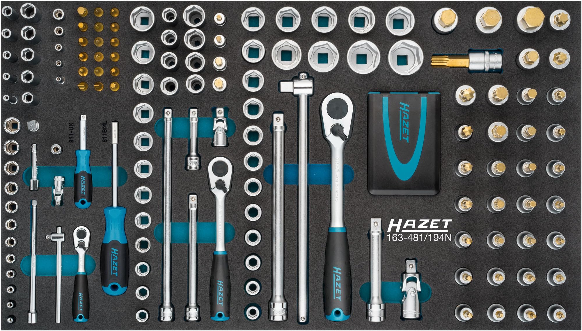 HAZET Zestaw Kluczy Nasadowych 163-481/194N, 194-Częściowy, 2-32 mm, E4-E10, M5-M18, PH1-PH3, Pz1-Pz3, T6-T55, Wewnętrzny/Zewnętrzny Sześciokątny, Wewnętrzny TORX, w Tym Grzechotki i Zestaw Bitów