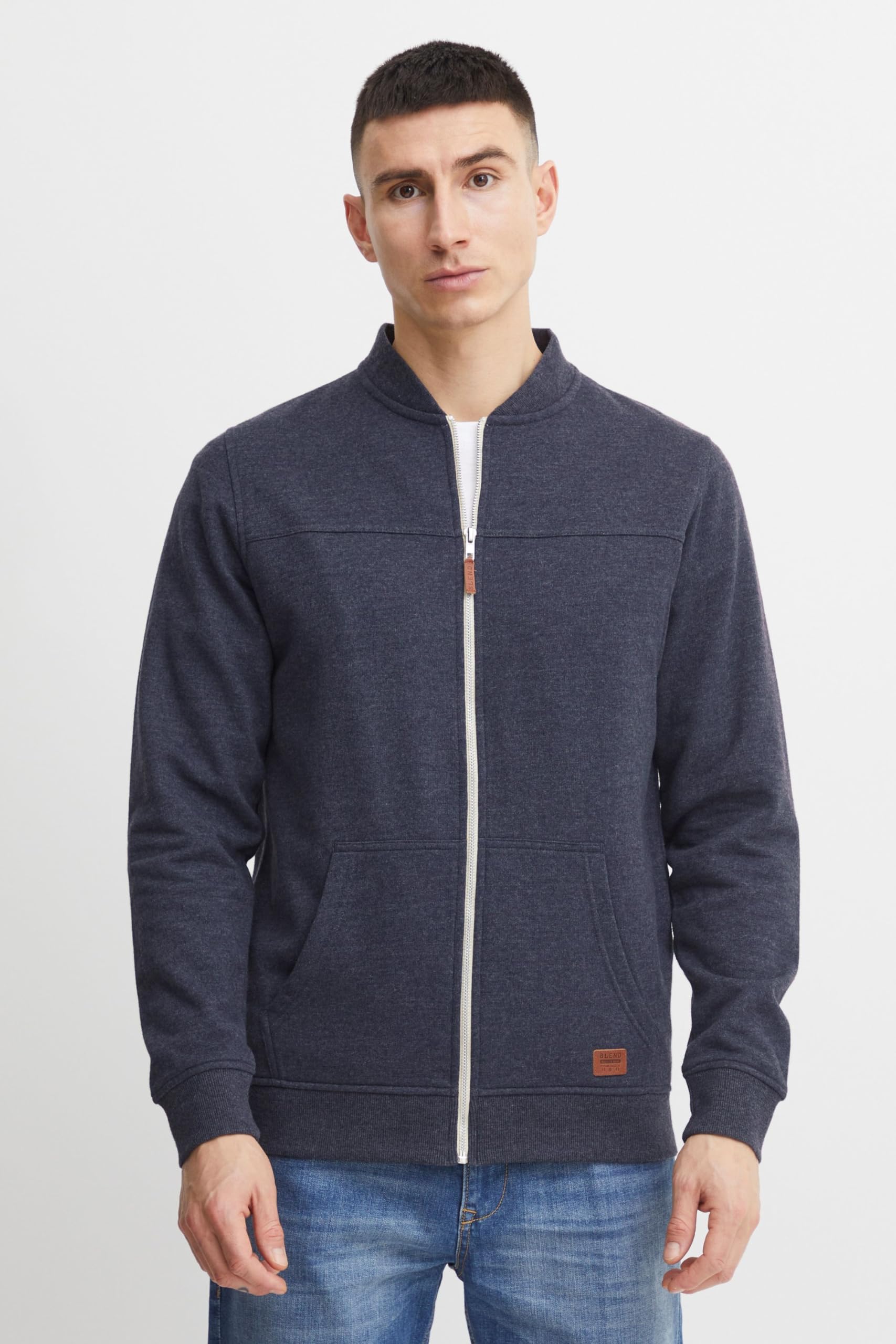 BLEND BHArco Homme Veste en Sweat College Veste Cardigan avec col Montant Court Fermeture éclair Poche Kangourou Mélange de Coton Regular Fit