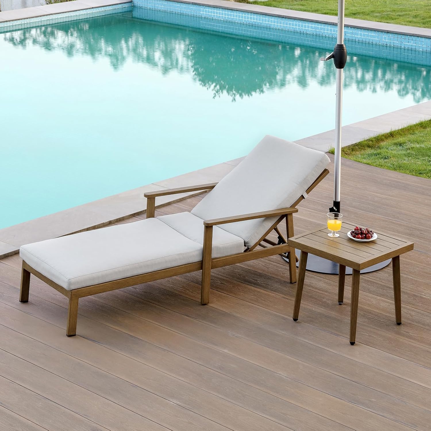 Teak Lounge Chair Set, 2 Pieces Never Rusts Aluminum Pool Lounge Set with Gray Thick Cushion, Outdoor Chaise Lounge with Side Table, Outdoor Lounge Furniture for Beach, Poolside, Backyard