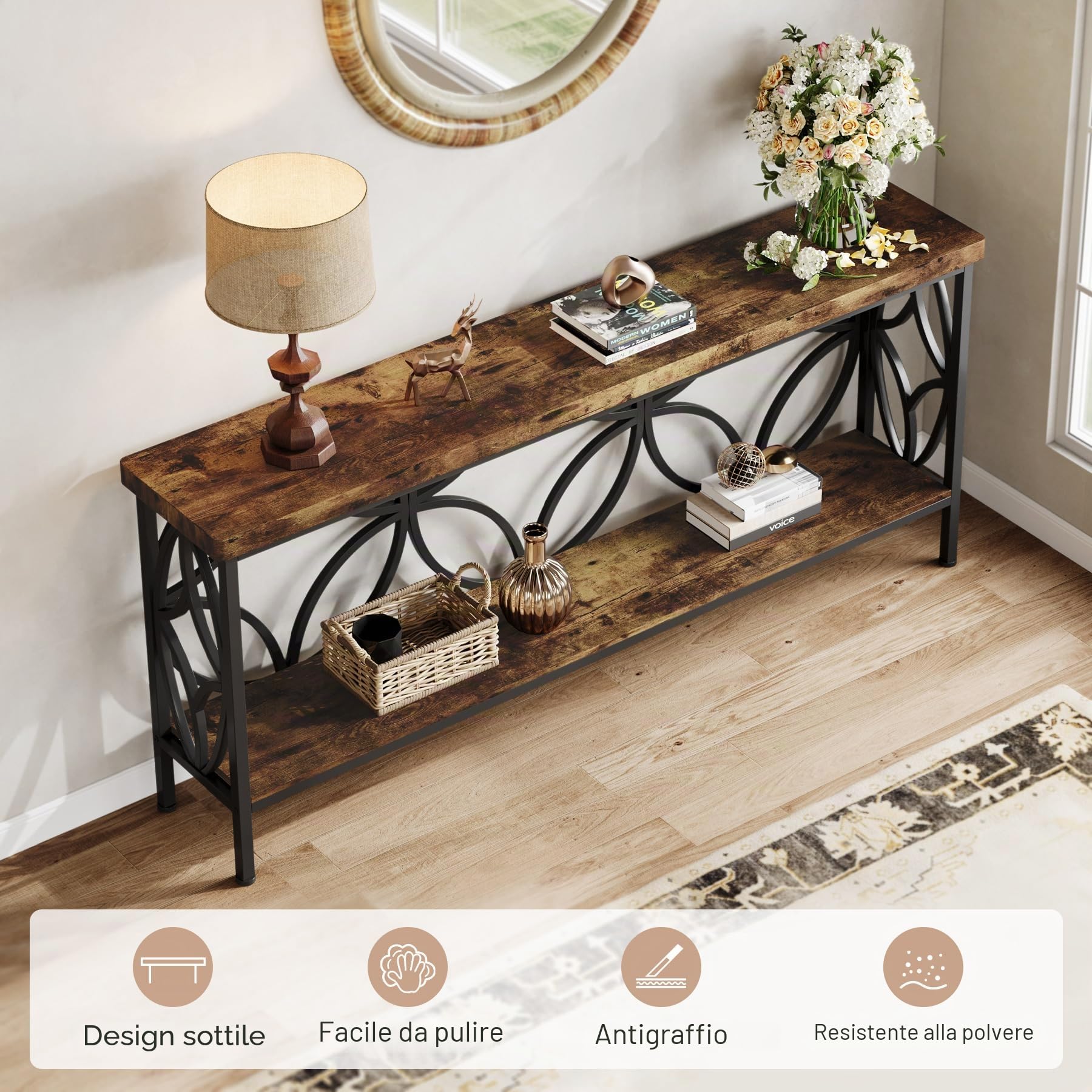 Tribesigns Divano stretto 160 cm industriale lungo divano tavolo dietro divano, consolle ingresso con vano portaoggetti per ingresso, soggiorno, atrio, design unico, marrone