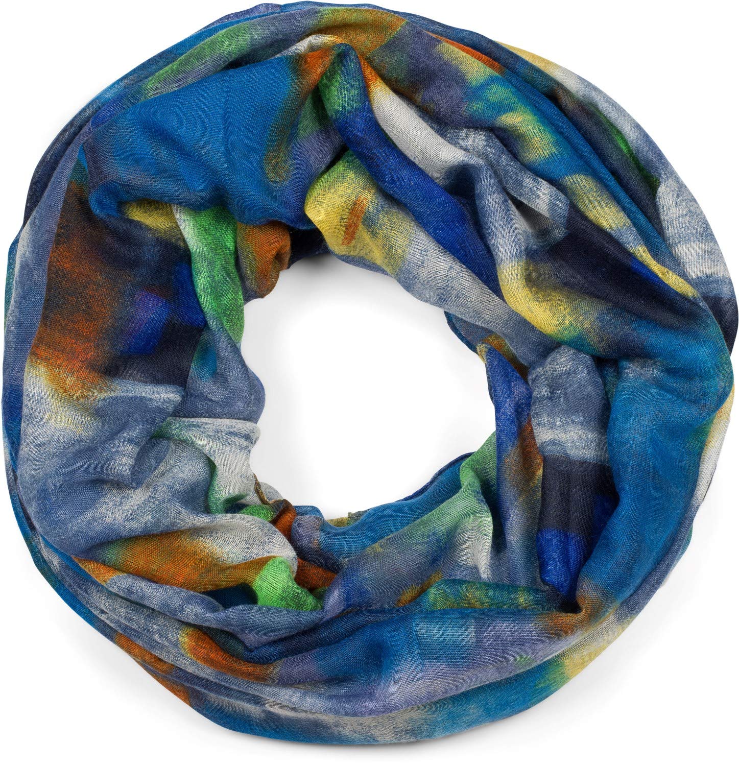 Stylebreaker Women's Blue-Orange-Yellow Loop Scarf With Abstract Brushstroke Pattern, Tube Scarf Multicoloured, Cloth 01017130, Colour:
