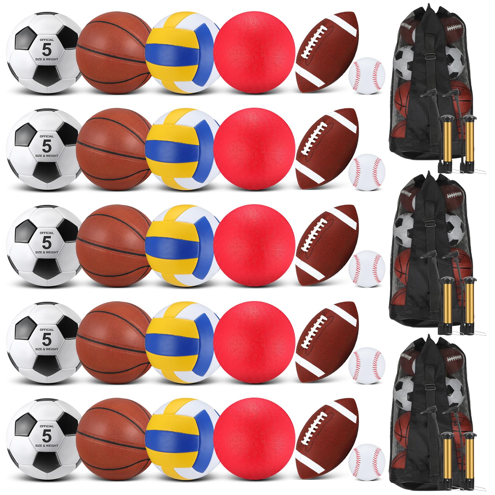 Liliful 36 Pcs Bulk Assorted Sport Balls Set Football Soccer Playground Ball Basketball Volleyball Baseball with Equipment Bag Pump for Kid Youth Adult Back to School Gifts(Brown Red)