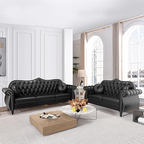 Miniatura 19 de AVZEAR 82" Sofá de tres plazas de cuero, sofá Chesterfield, sofá tapizado en PU de estilo moderno de mediados de siglo, sofá de sala de estar con