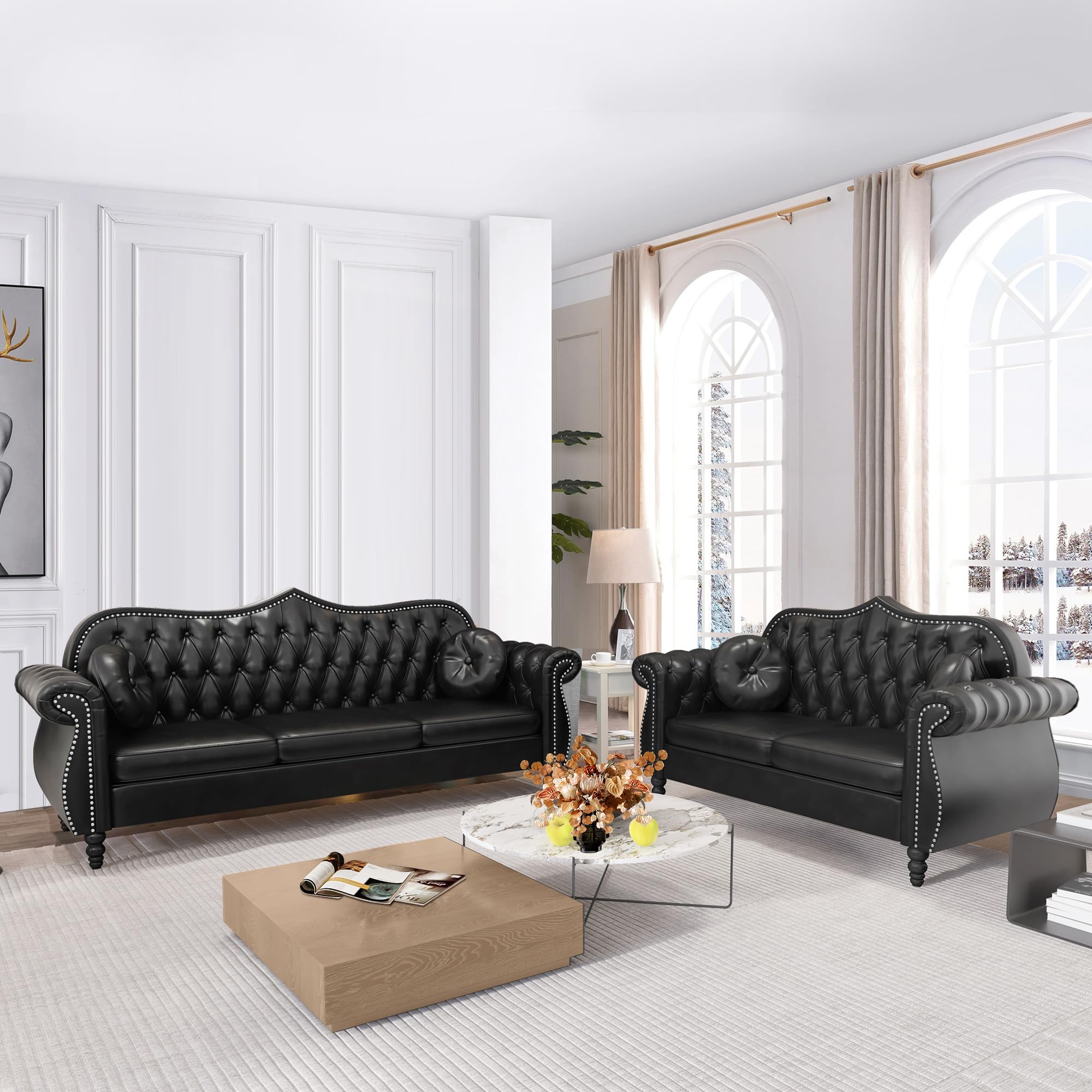 AVZEAR Chesterfield 2-Piece Living Room Sectional Sofa Set, Mid-Century Modern Upholstered PU Sofa Couch, Classic Tufted Button Sofa with Nailhead