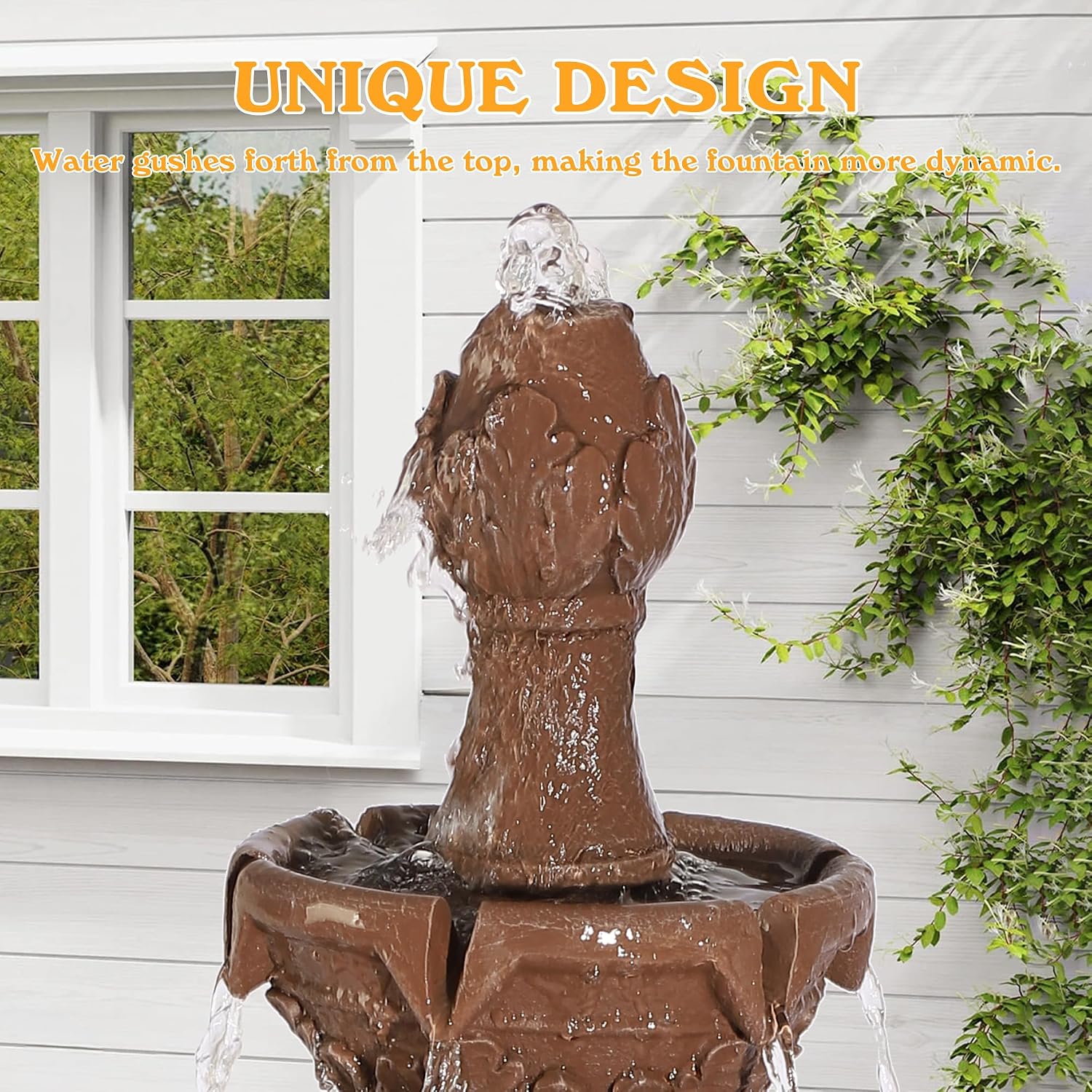48.4" H 3-Tiers Italian Freestanding Water Fountain Classic Leaf Design, Roman Pillar Indoor Outdoor Floor Cascading Waterfall with Pump and Pineapple Top for Yard Patio Lawn Home Decor (Brown)