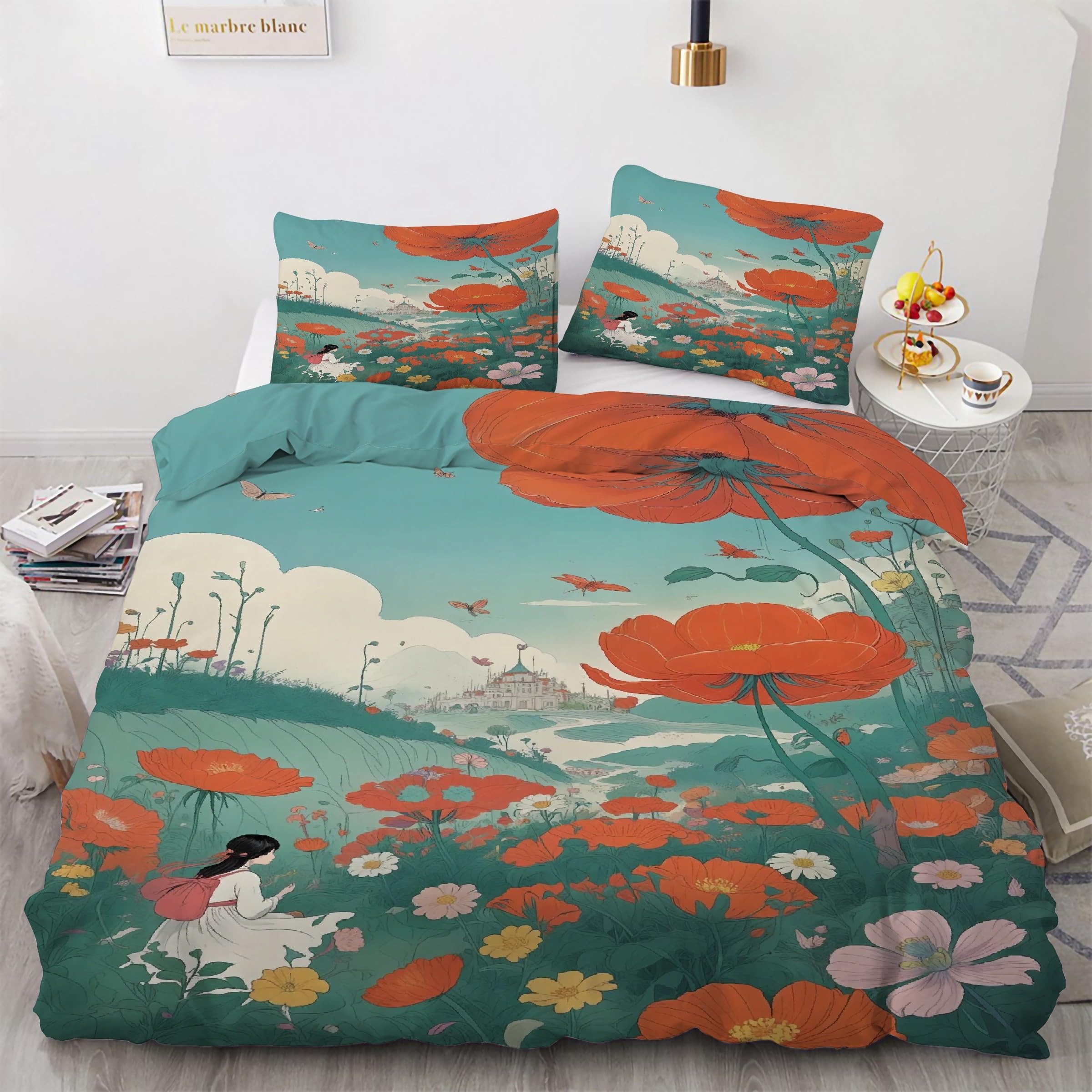 Parure de lit 240x260 pavot avec housse de couette en microfibre et taies d'oreiller