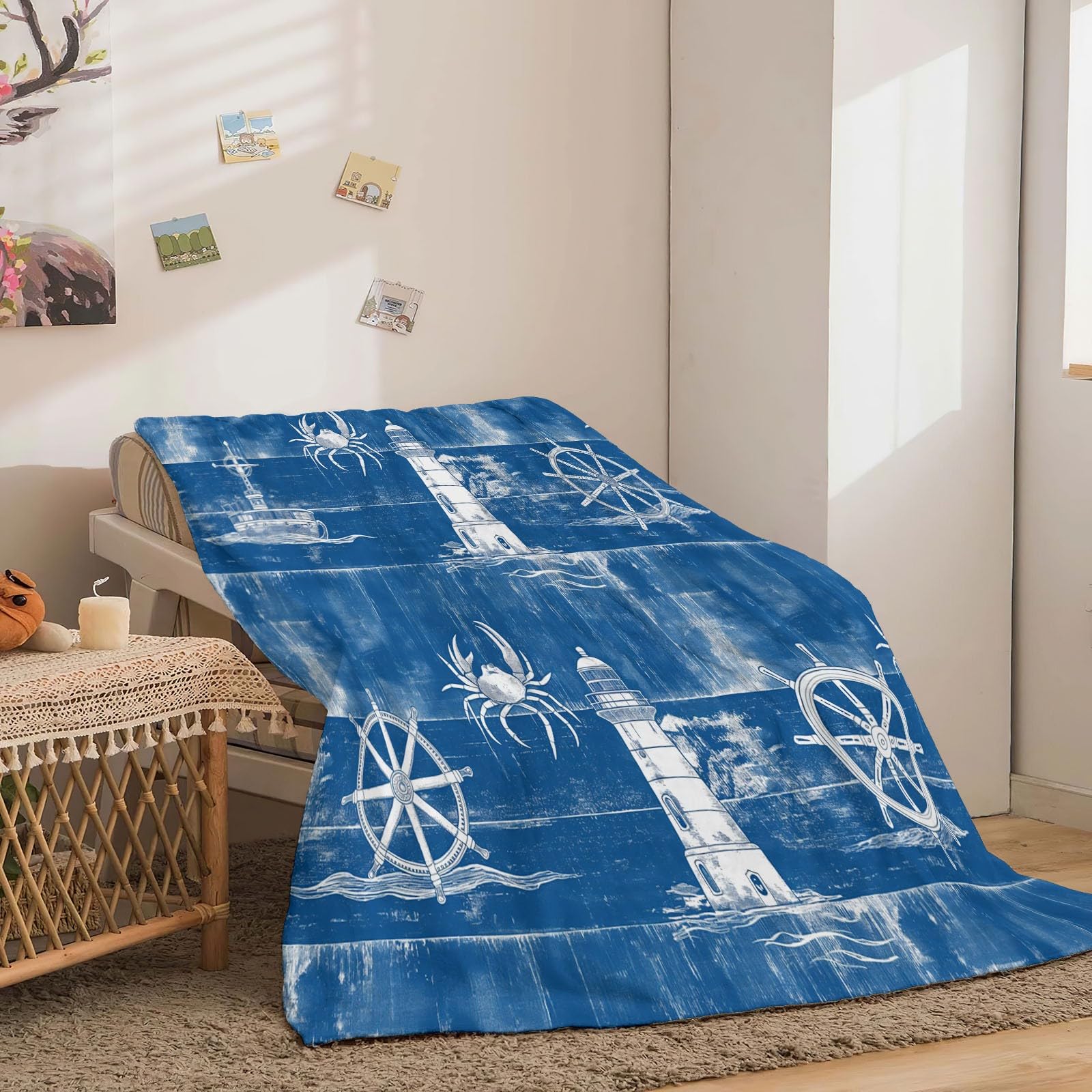 Koc flanelowy 180 x 200 cm, w stylu akwarelowym, latarnia morska, koło z nadrukiem 3D, koc na sofę, koc wełniany, koc do klimatyzacji, do salonu i sypialni