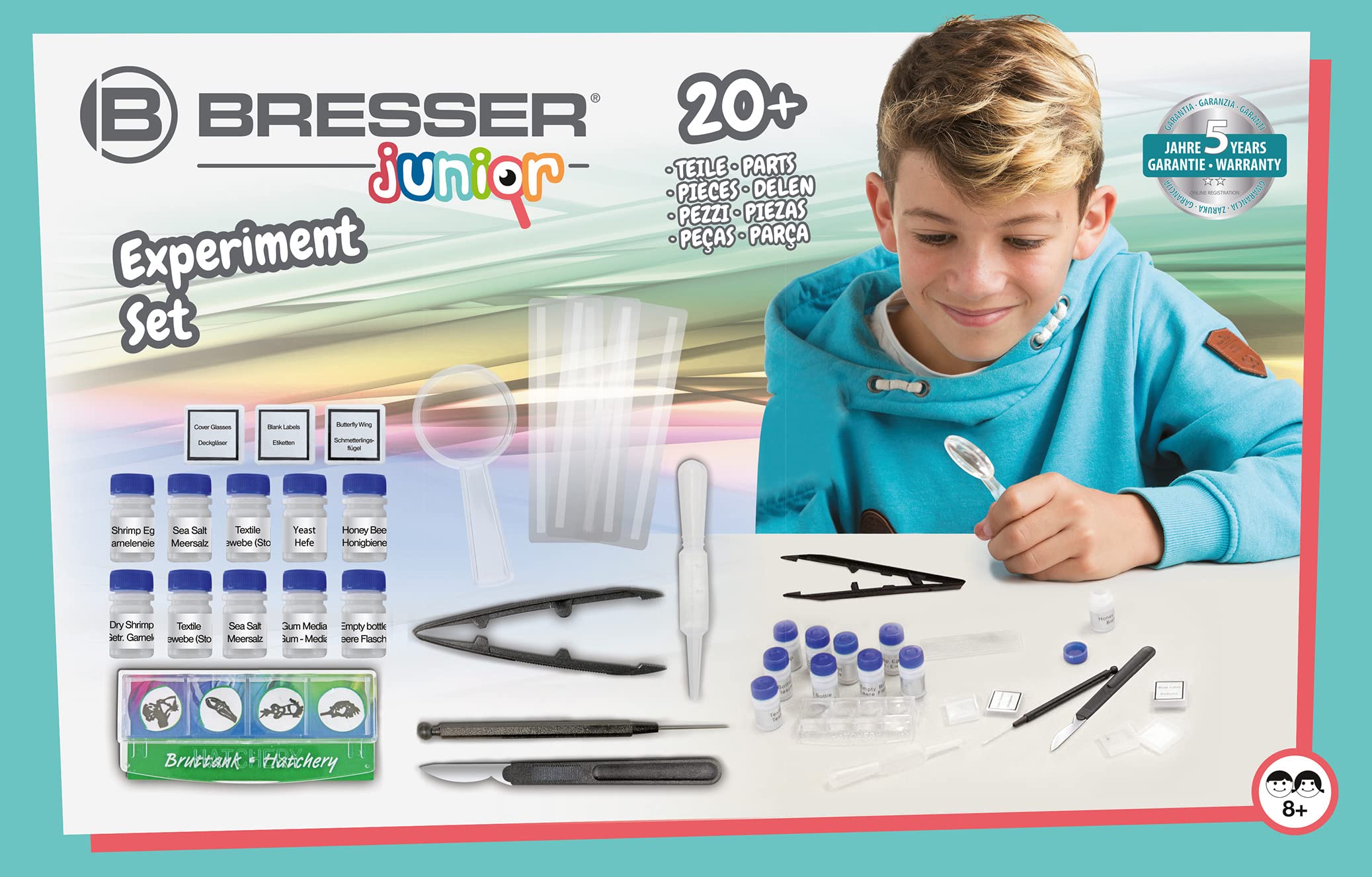 Bresser Junior Experimentier-Set zum Einstieg in die Mikroskopie mit Objektgläsern, Lupe, Mikroskopierbesteck, Garnelenbrutanlage und verschiedenen Präparaten