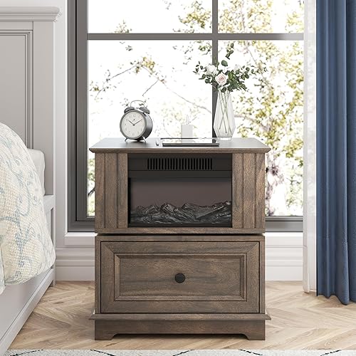 Miniatura 8 de Mesa auxiliar giratoria con pantallas de chimenea eléctrica de 13 pulgadas, mesa auxiliar con estación de carga rápida, mesa auxiliar de chimenea de