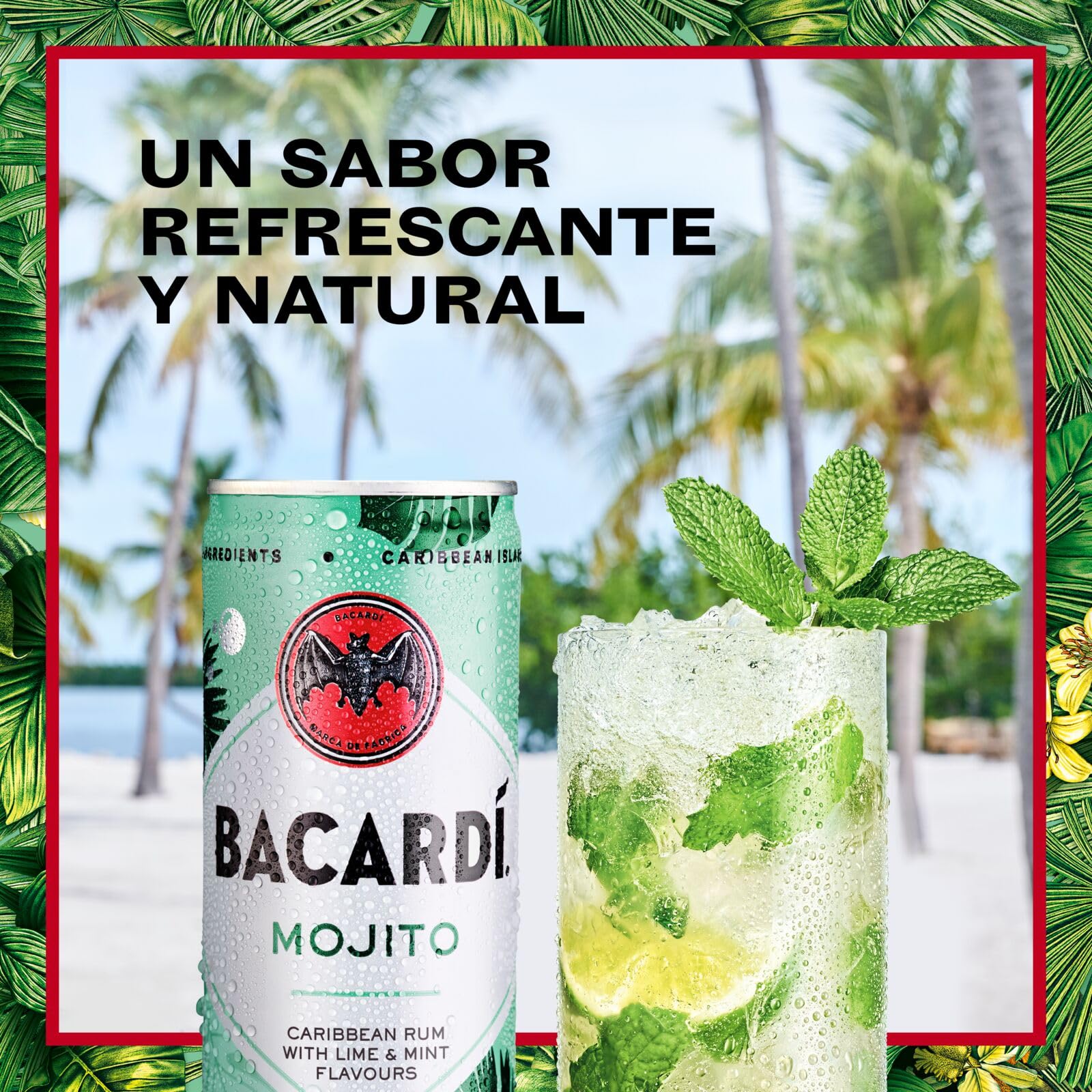 BACARDÍ Mojito es un cóctel enlatado, ALC. 5%, 12 x 25 cl / 250 ml, listo para beber, elaborado con ron BACARDÍ Carta Blanca y mezclado con lima y hierbabuena