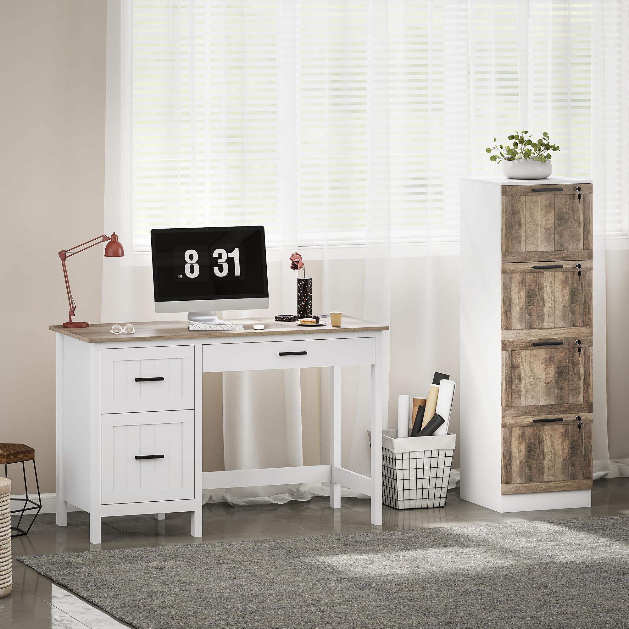 HOMCOM Armoire à tiroirs de Bureau avec 4 tiroirs Armoire à tiroirs de Bureau avec Serrure 2 clés Barres de Suspension pour A4 Lettre à dossiers Mobile pour 39,4x40x129 cm Blanc & Bois