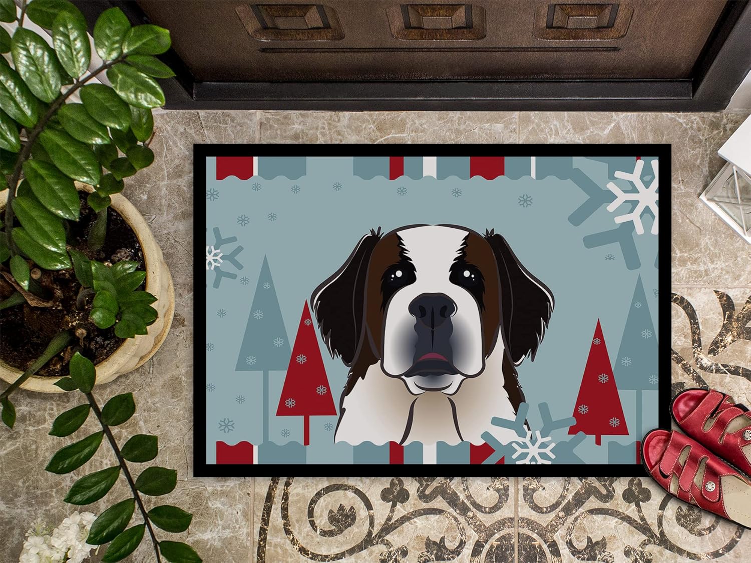 Caroline's Treasures BB1742JMAT Winter Holiday Saint Bernard Doormat 24x36 Front Door Mat Indoor Outdoor Rugs for Entryway, Non Slip Washable Low Pile, 24H X 36W