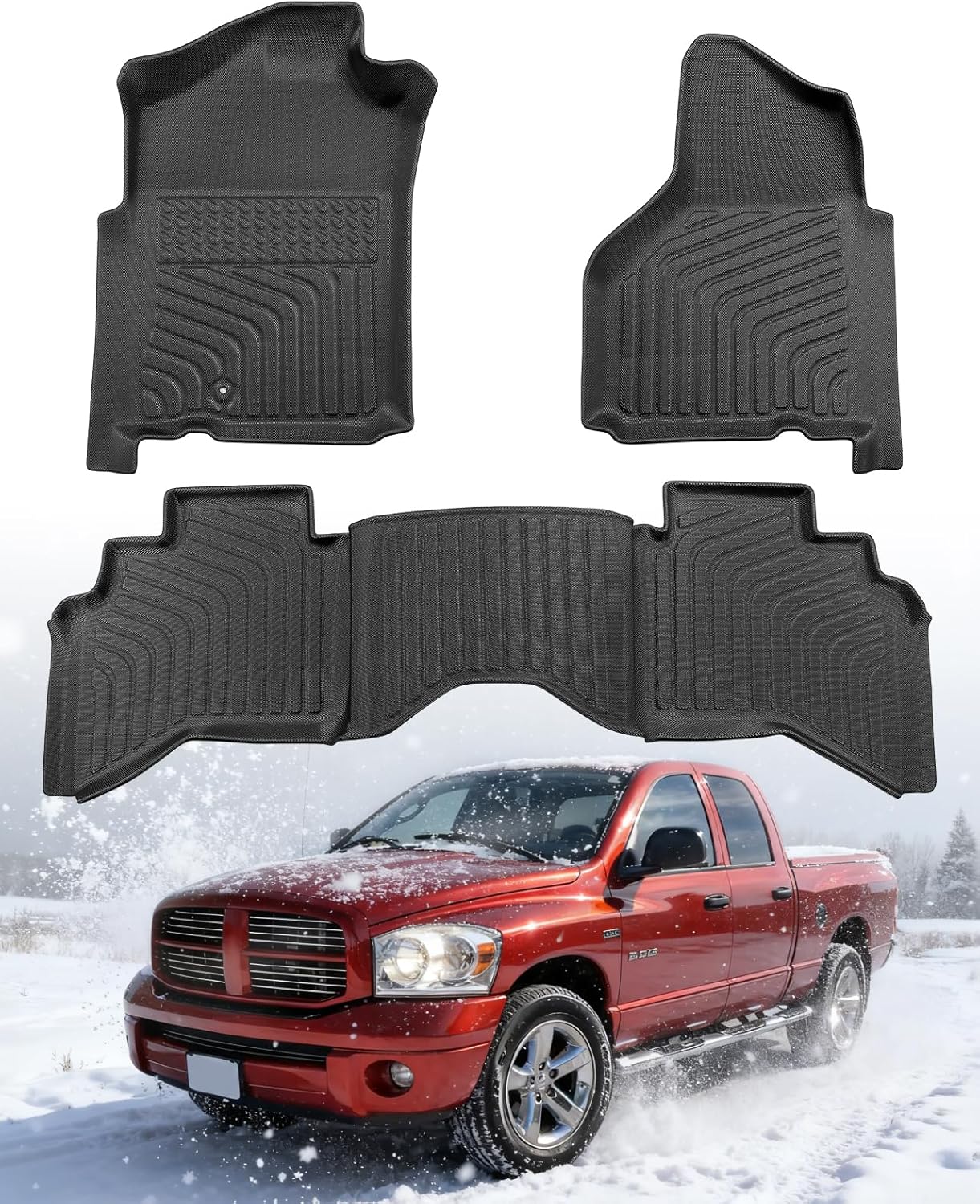 Car Floor Mats for Dodge Ram: 1500 2002-2008 Quad Cab & for Ram 2500/3500 2003-2009 Quad Cab (Crew Cab), All Weather Rubber Floor Liners, Truck Accessories Front Rear Carpet for Pickup Black 3PCS
