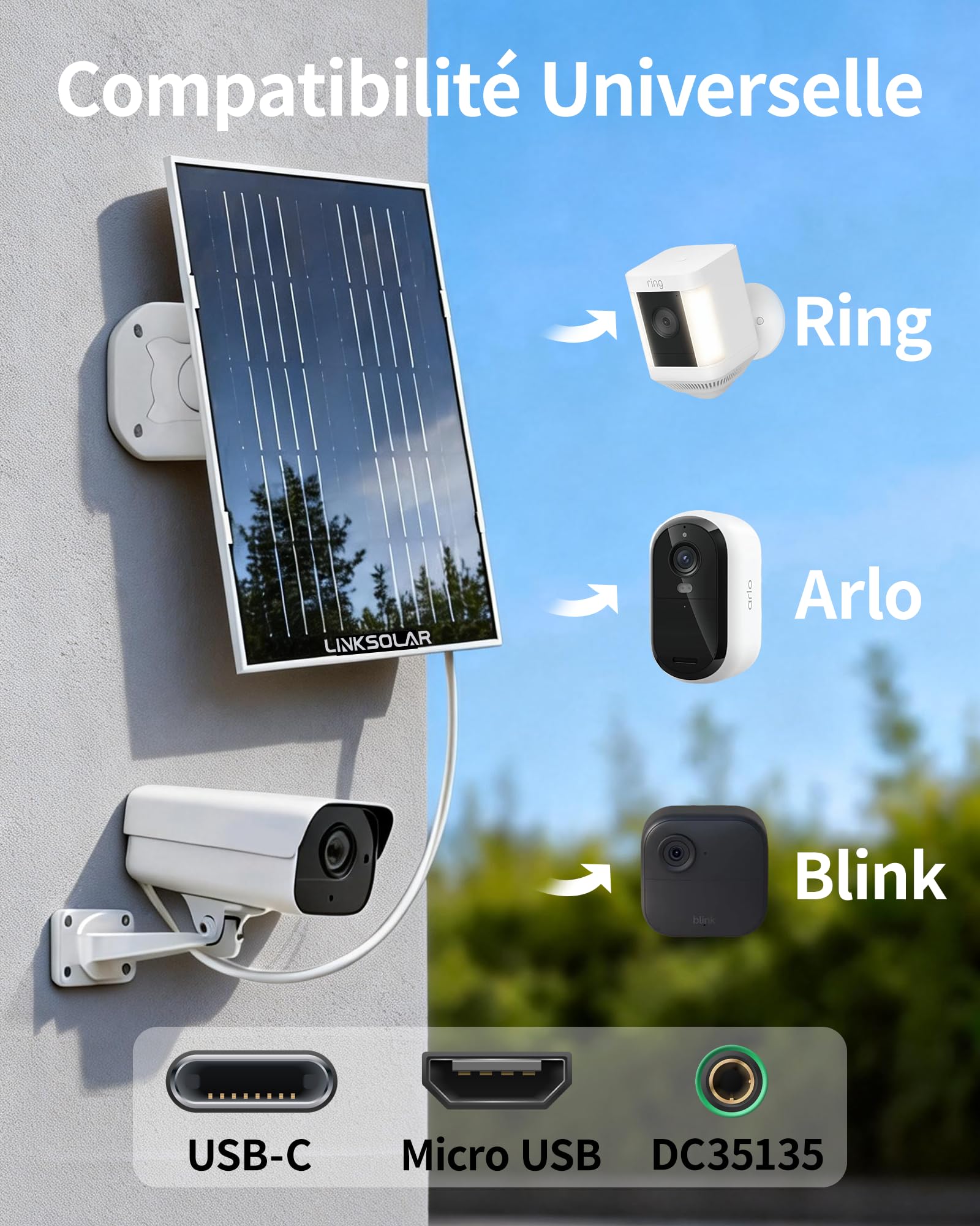 Panneau solaire 8W pour caméra Ring, Micro USB, DC et USB-C