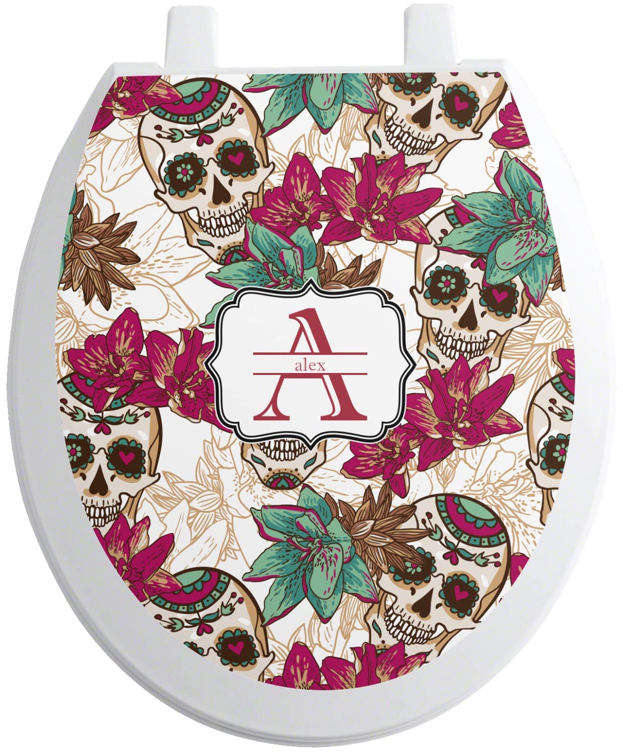 RNK Shops Personalized Sugar Skulls & Flowers Toilet Seat Decal - Round