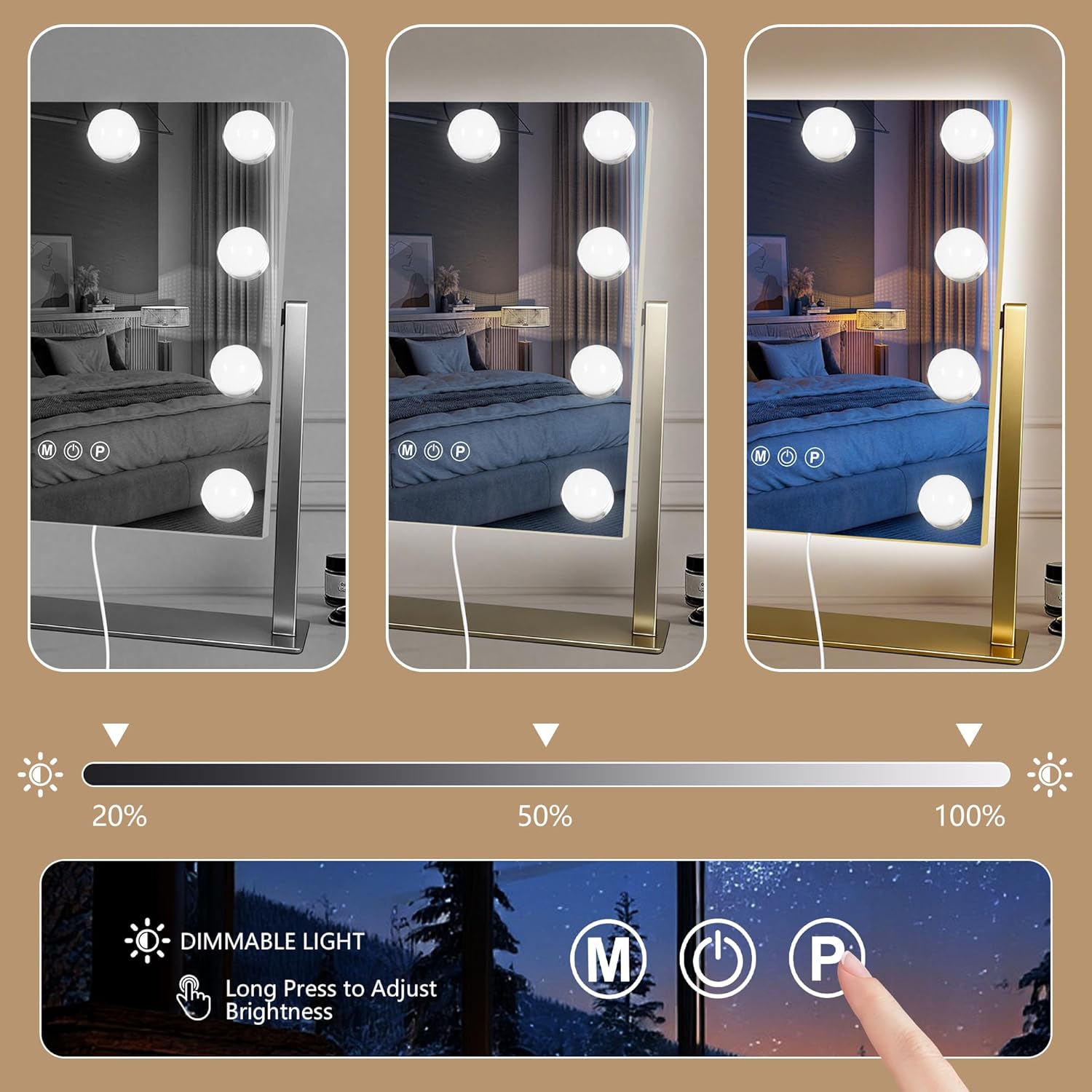 Moonee Vanity Mirror with Lights, Gold Hollywood Lighted Makeup Mirror with 9 Dimmable Bulbs and 10X Magnification 360°Rotation, 3 Colors Modes, Light Up Mirror for Tabletop（12" x 14"）