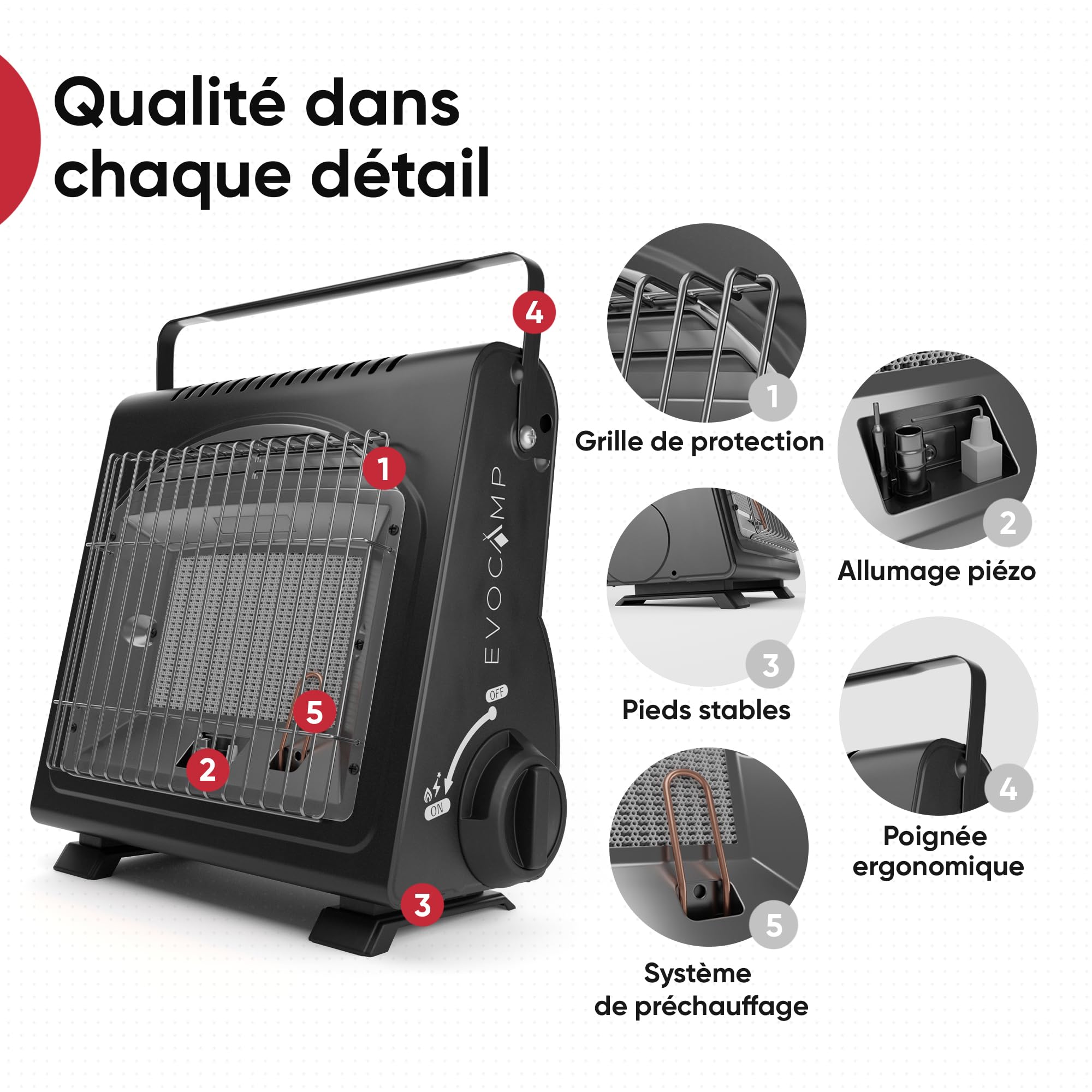 EVOCAMP Chauffage à gaz portable, réchauffeur de camping 1,7 kW, chauffage céramique pour une utilisation en extérieur avec détecteur de manque d’oxygène, avec 4 cartouches de gaz