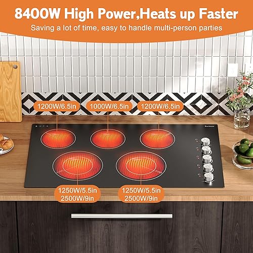 Miniatura 4 de Karinear Placa de cocina eléctrica de 36 pulgadas, 5 quemadores, control de perilla de estufa eléctrica, 9 niveles de potencia, indicador de calor