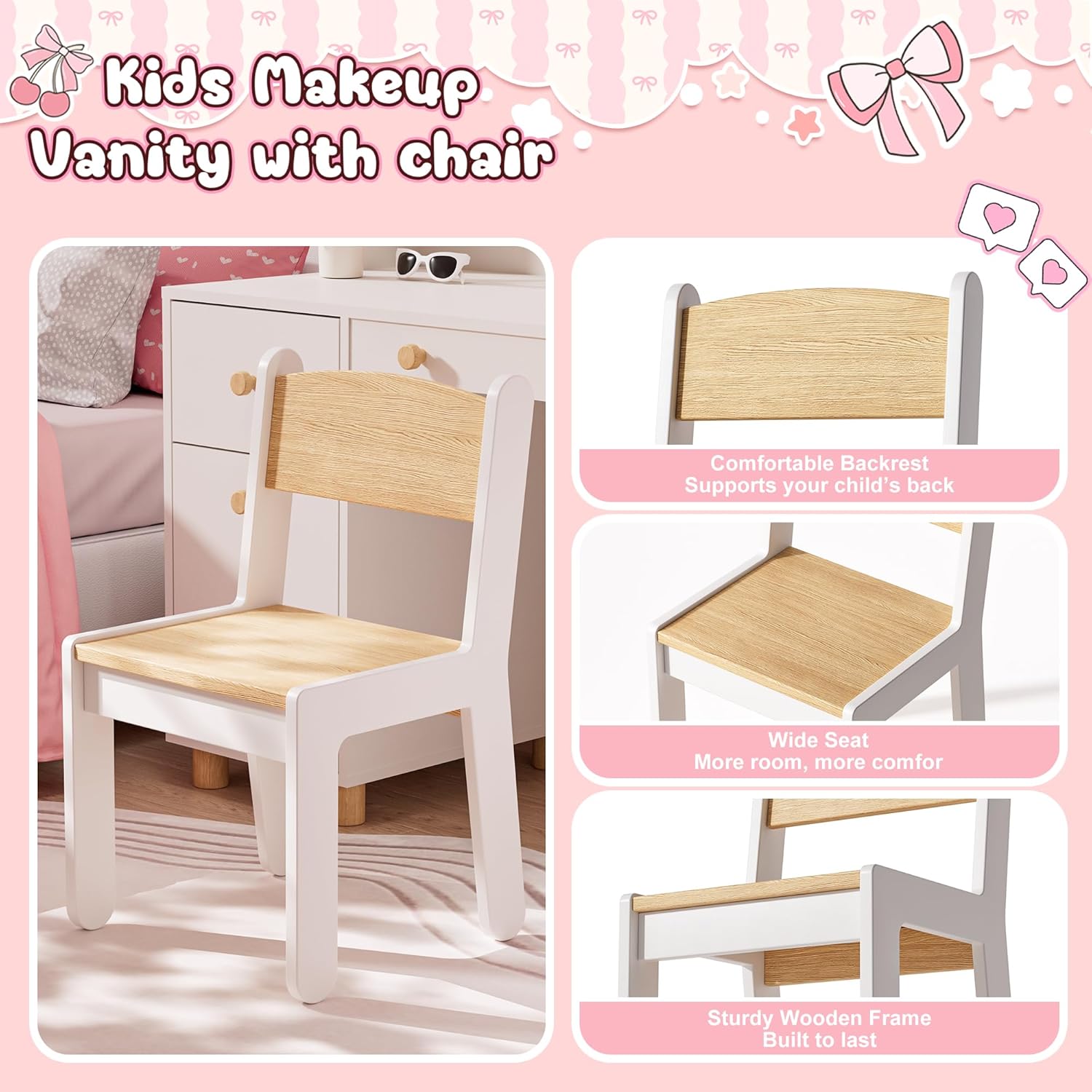 Kids Vanity with Mirror and Lights, 2-in-1 Princess Makeup Vanity Desk with Open Bookshelf, Drawer & Storage Cabinet, Wooden Toddler Dressing Table & Chair Set for Little Girls, White
