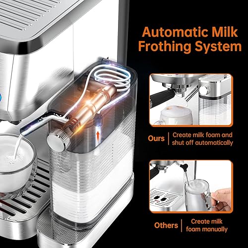Miniatura 3 de Máquina de capuchino y máquina de café expreso, 20 bares de acero inoxidable para el hogar con sistema automático de espuma de leche, regalos del