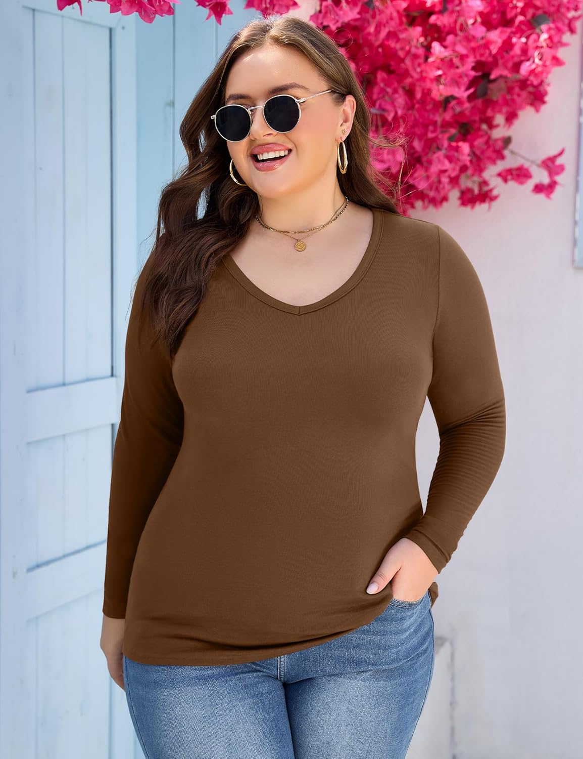 FOREYOND Women's Plus Size Long Sleeve Shirt V Neck Slim Fitted Tshirts Casual Basic Bodycon Basic Tops Undershirts - Image 4