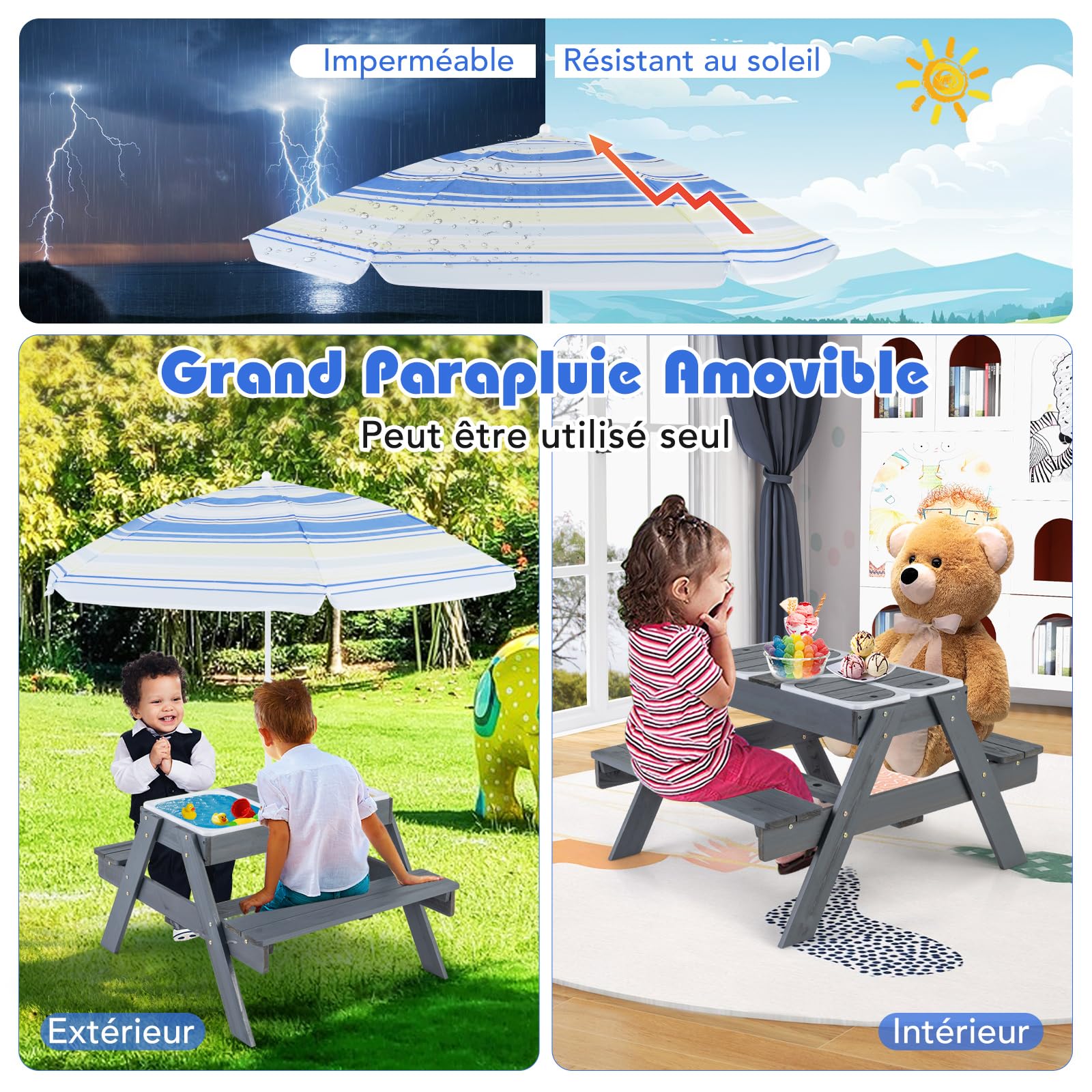 DREAMADE Table de Pique-Nique Enfant en Bois avec Parasol Amovible,Tables Extérieur Garçons Filles avec Bancs de Jardin&3 Boîtes à Couvercle,96x75x54CM (Grise+Coloré)