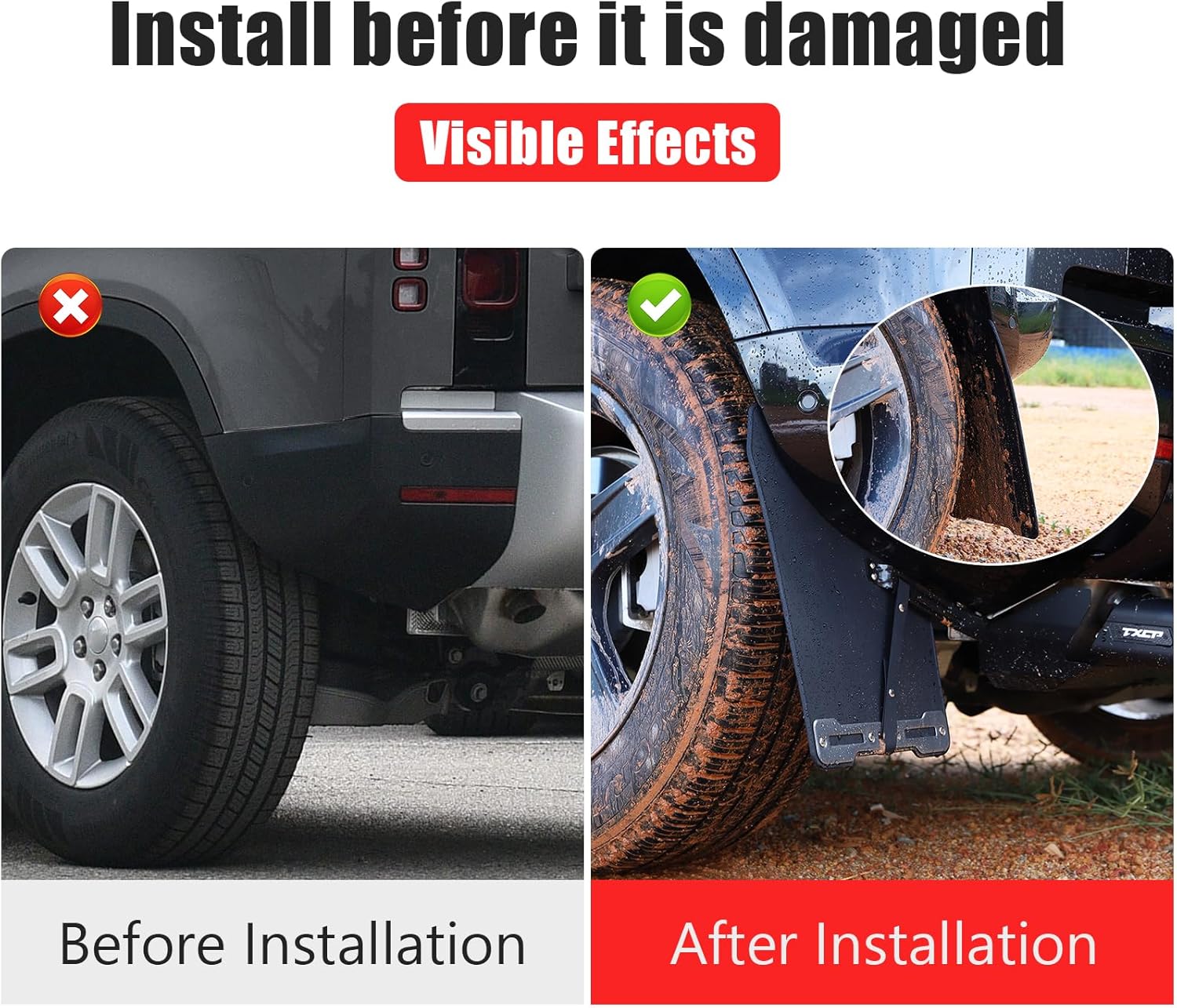 Off-Road Mud Flaps for 2020-2025 Land Rover Defender 90 110 Front and Rear Wheel Splash Guards No-Drill Installation Mud and Gravel Protection External Decorative Modification Accessories