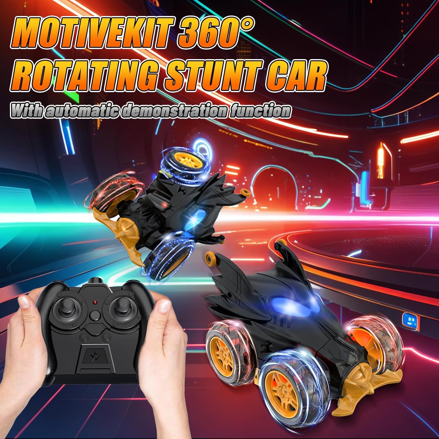 Remote Control Car for Boys, 360° Rotating 4WD Stunt RC Cars with Cute Cool LED Lights, 2.4GHz Rechargeable Car Toys Birthday Gifts for Kids Boy Age 3-6 7-9 10-12 (Black)