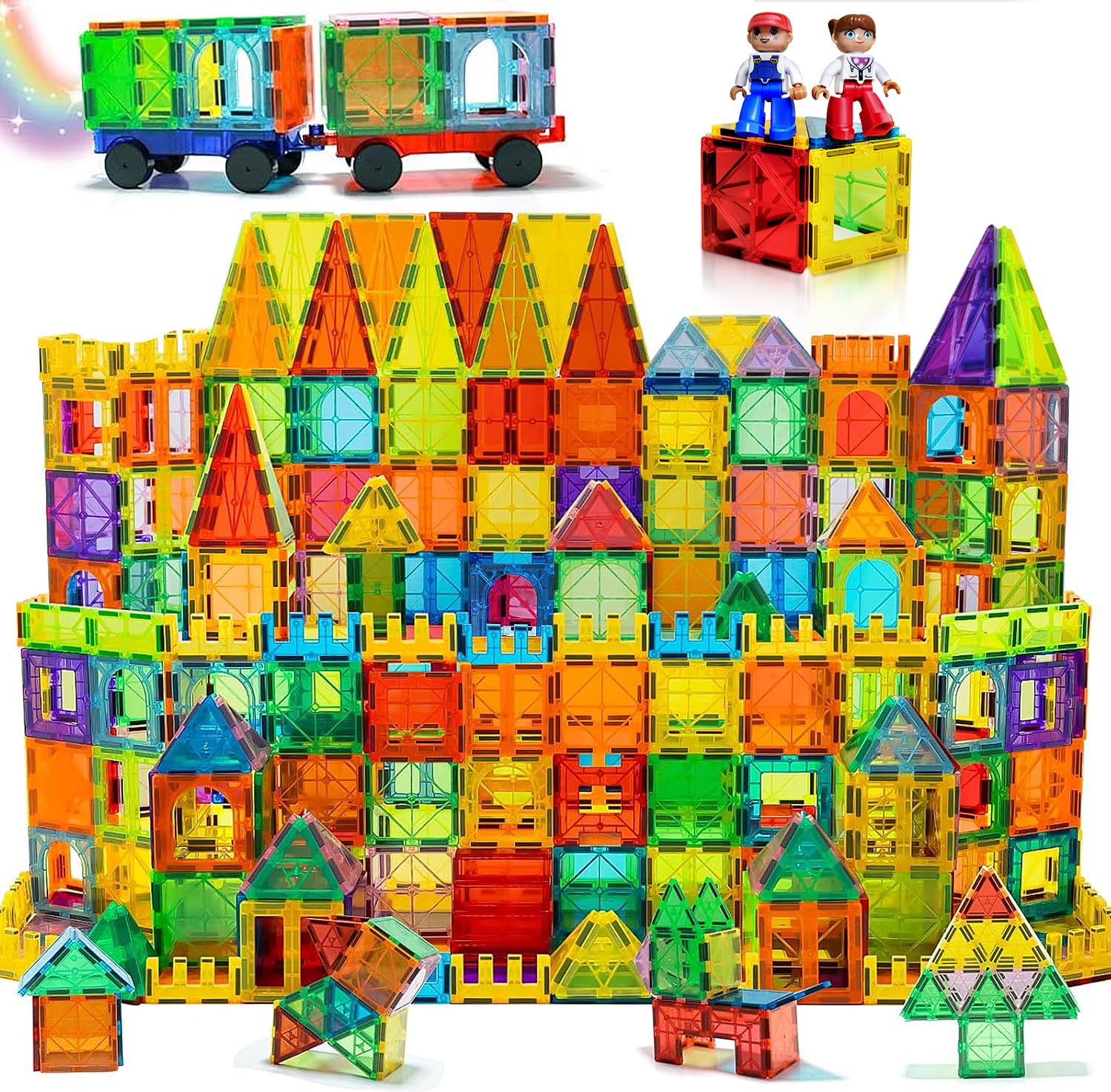 200PCS Magnetic Tiles Toys for Kids with 2 Magnetic Figure & 2 Car - Building Blocks STEM Magnet Building Set Preschool Montessori Toys for Kids Ages 3 4 5 6 7 8 Years Old Boys and Girls Gifts โ image 1
