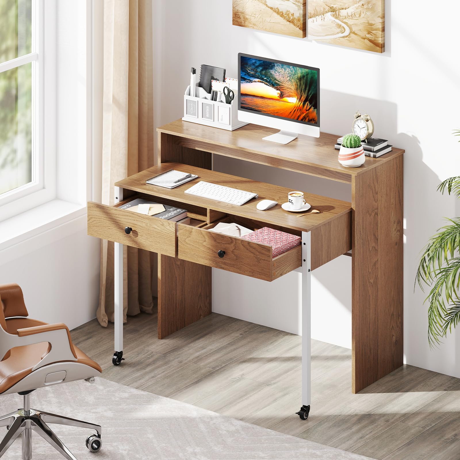 Giantex Small Computer Desk with Hutch & Drawers, Extendable