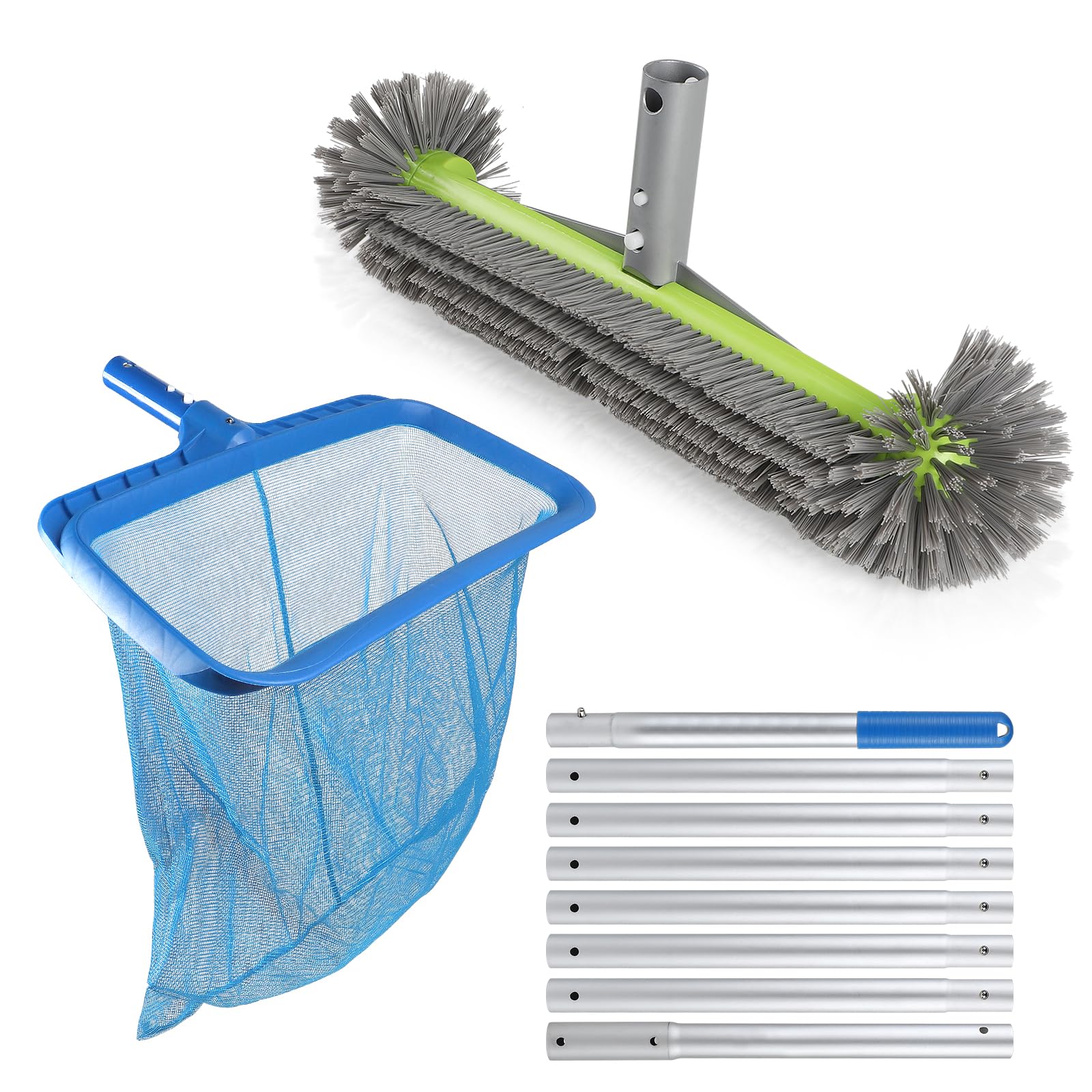 EFUTURETIME 3 Pezzi Set di Pulizia per Piscine, Retino per Fondo, 43cm Spazzola per Piscina Arrotondate con 2,7m Asta Telescopica in Alluminio, Robusto e Rimovibile Può Essere Rapidamente